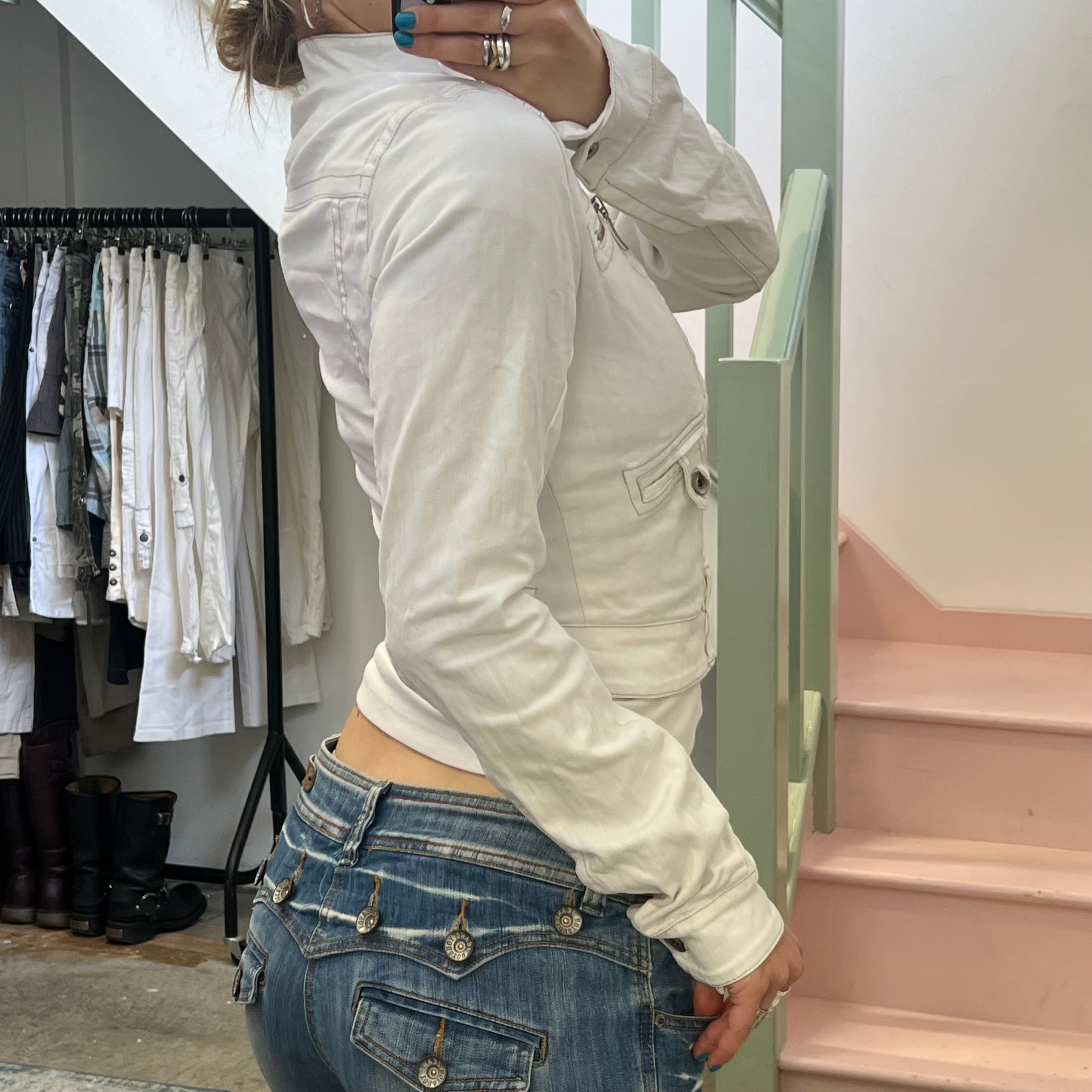 White denim zip up biker jacket