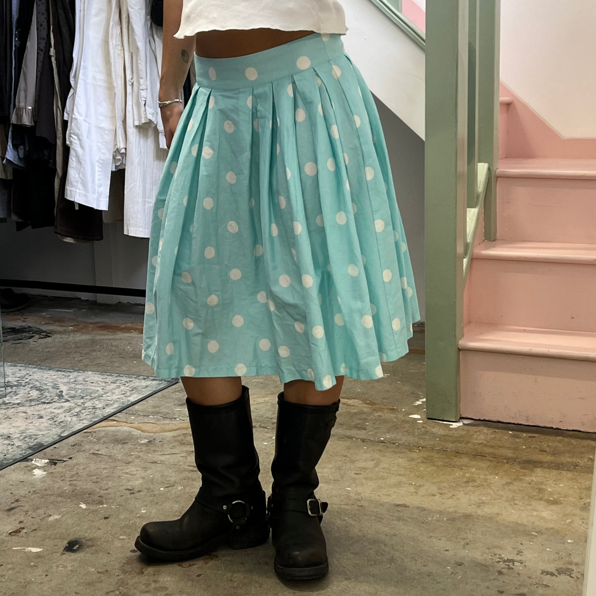 Teal and white polka dot pleated midi skirt