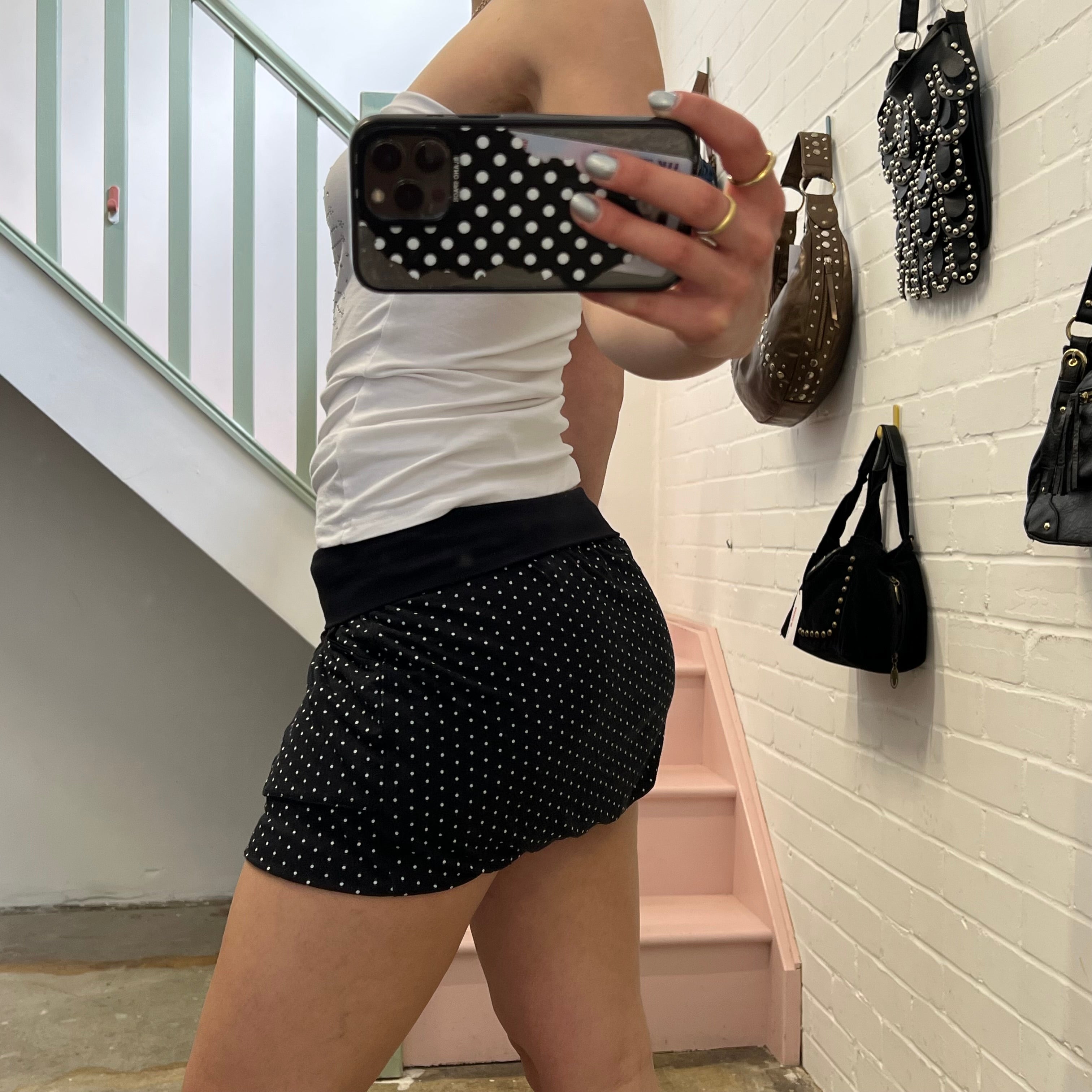 Polka dot low rise bubble mini skirt