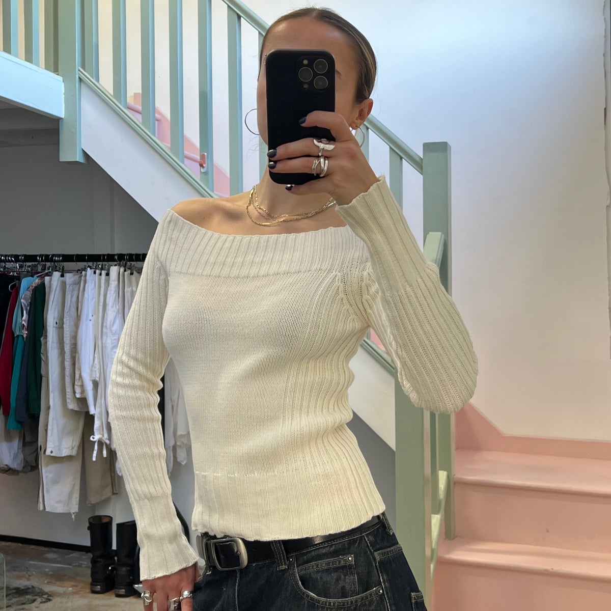 Cream knitted off shoulder sweater