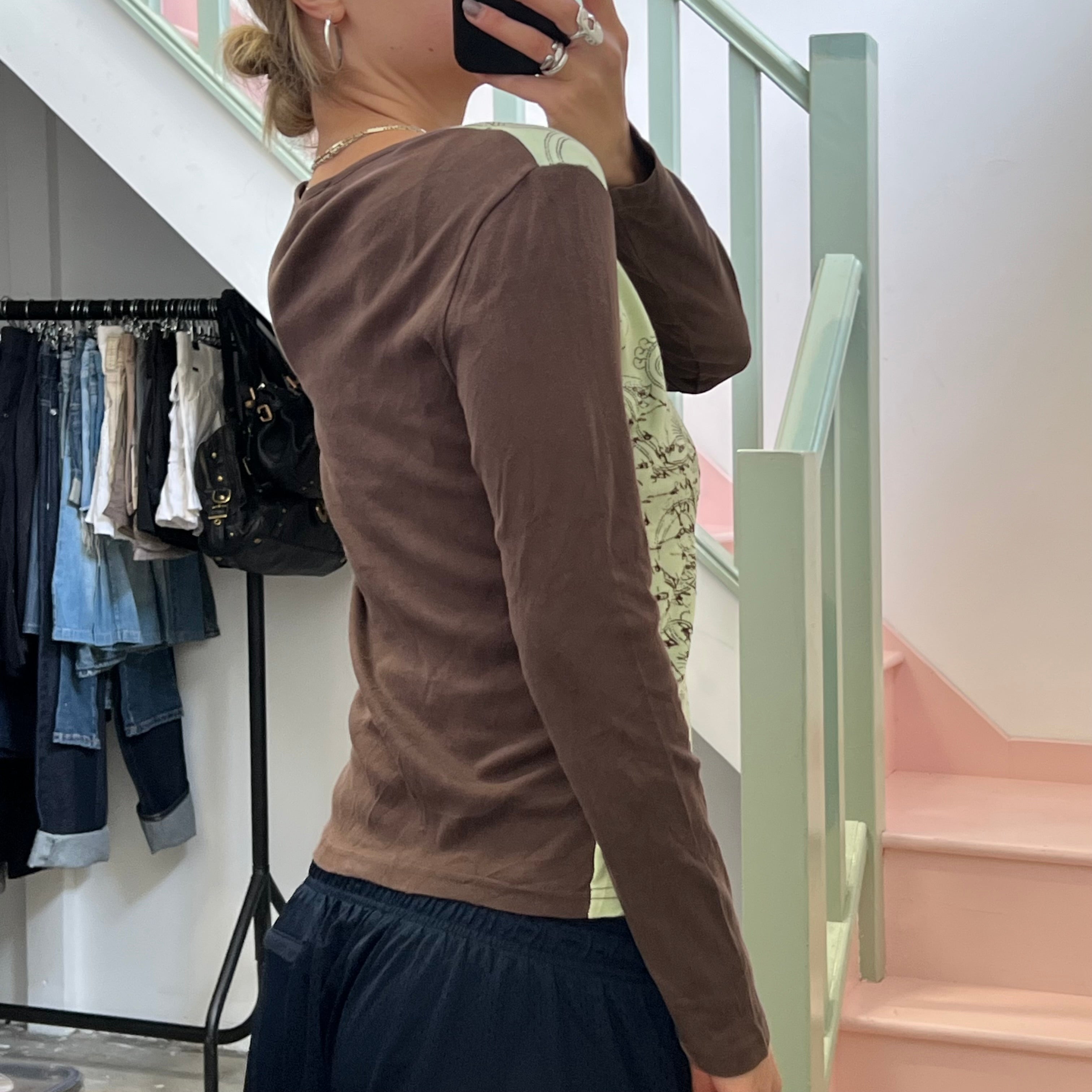 Brown and Green graphic print long sleeve top