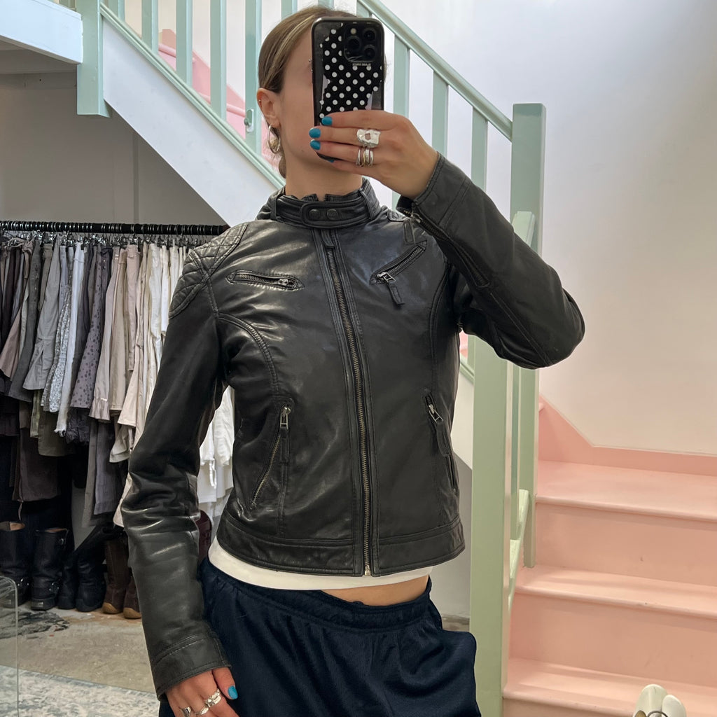 Black leather fitted biker jacket