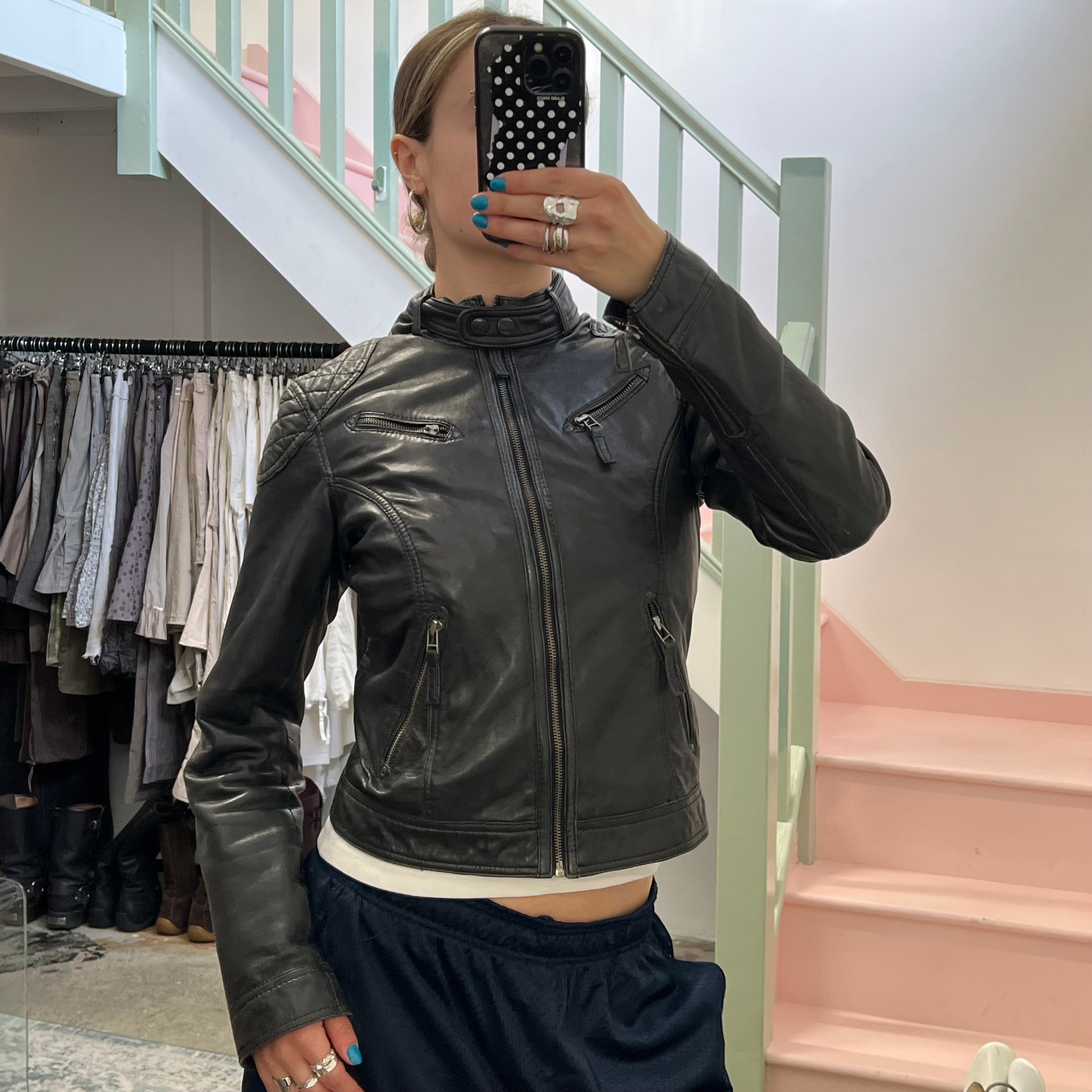 Black leather fitted biker jacket