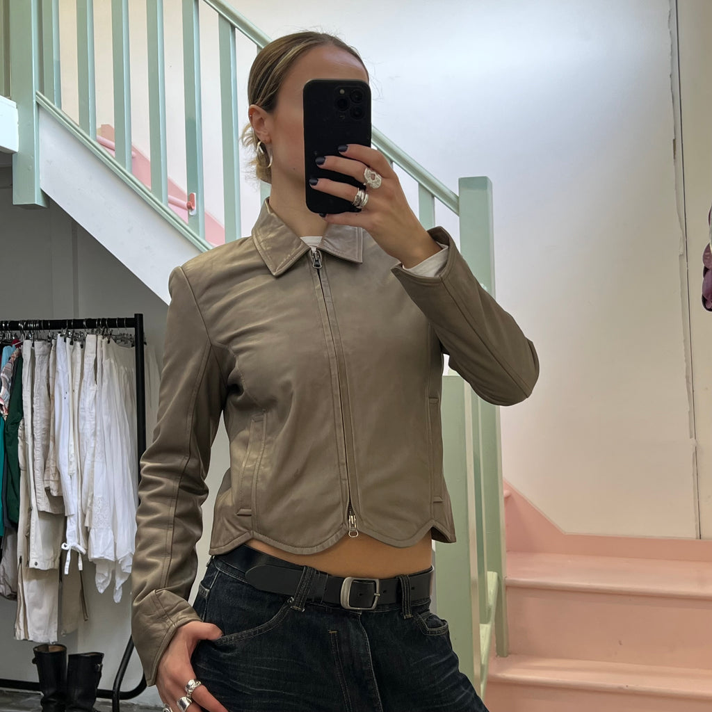 Brown scallop hem leather zip up jacket