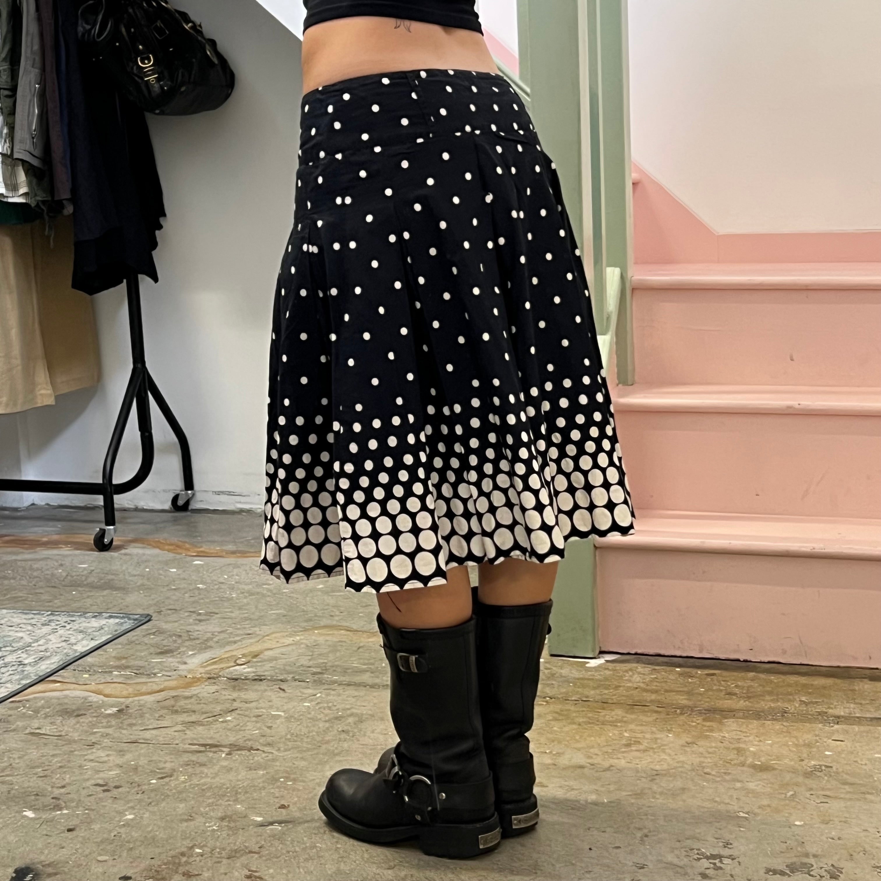 Navy and white polka dot pleated midi