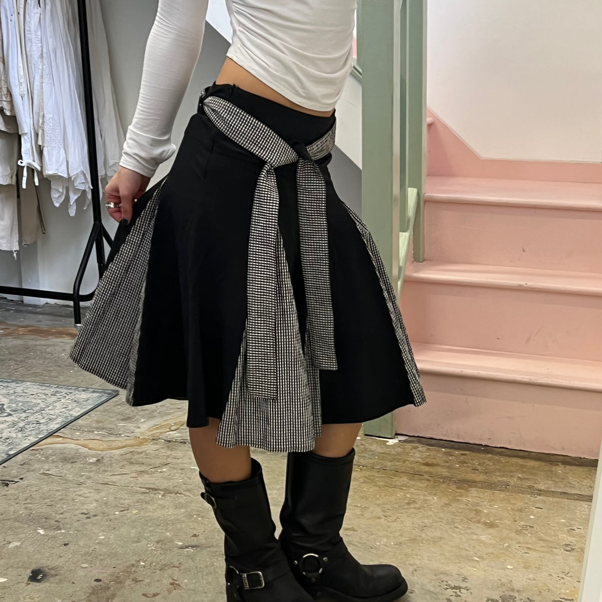 Black pleated gingham midi skirt