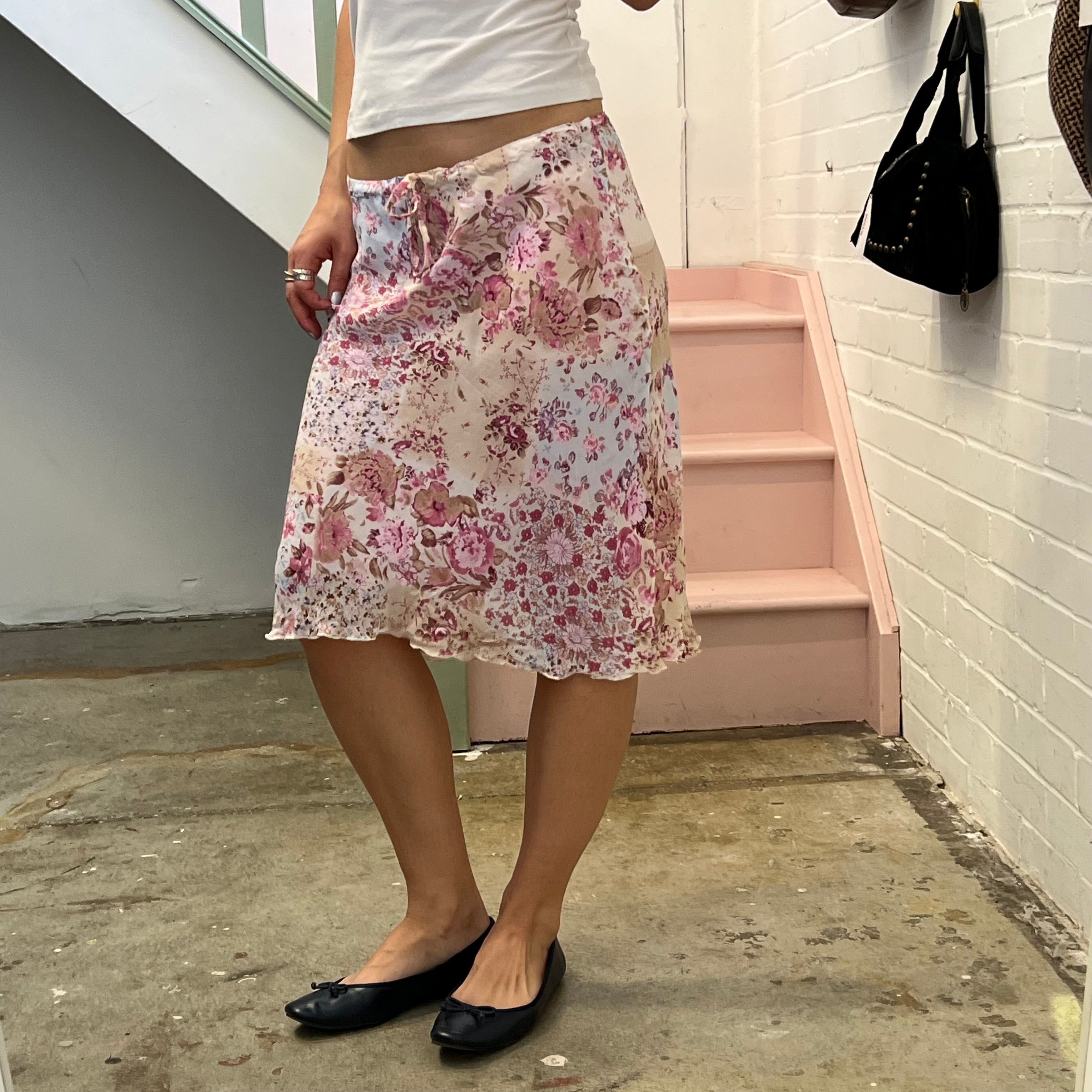 Pink ditsy floral mid skirt