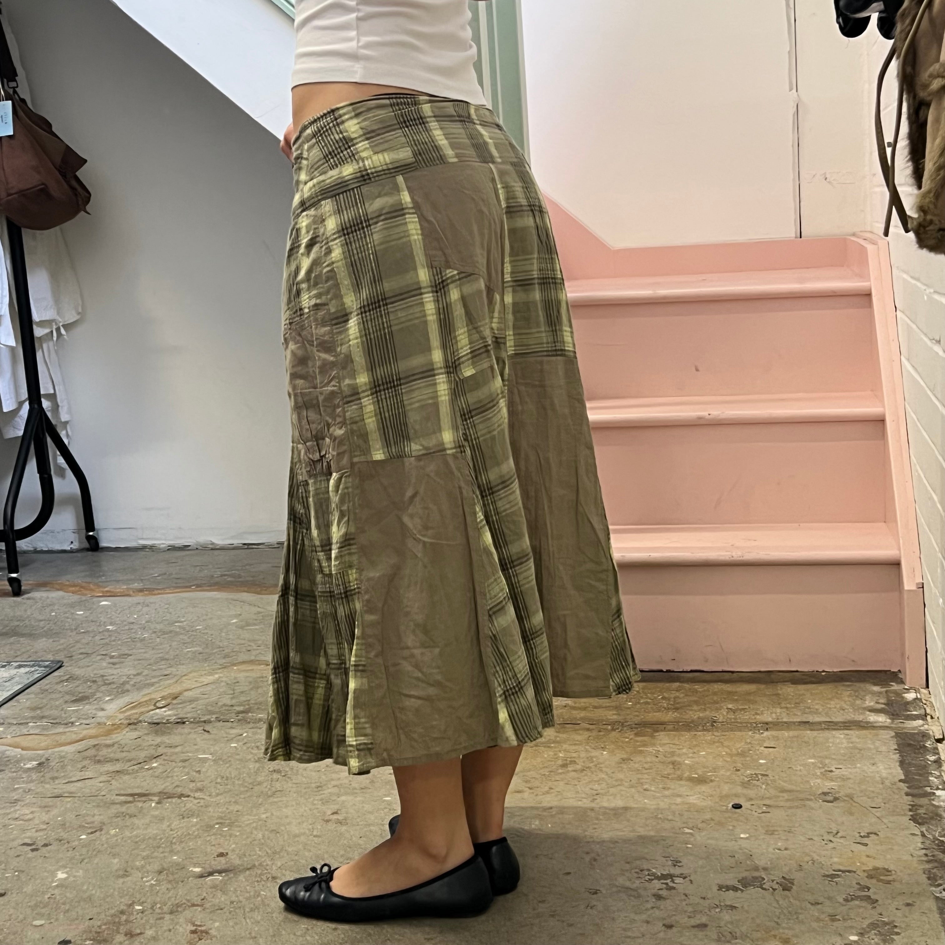 Green and khaki checkered patchwork maxi skirt