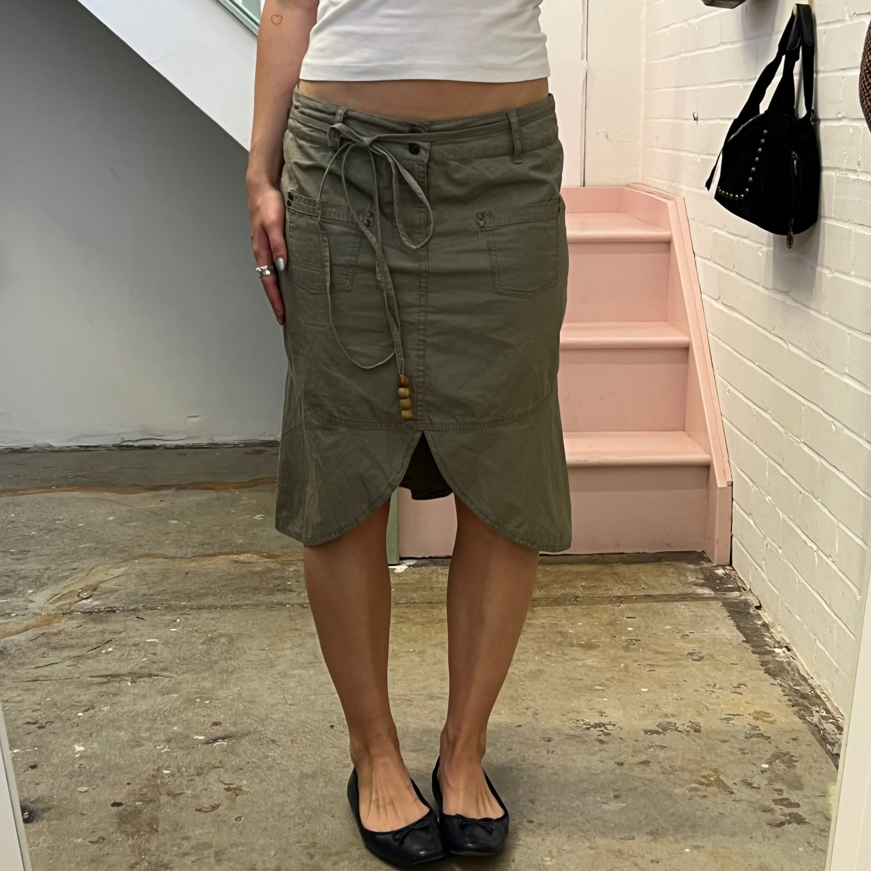 Khaki asymmetrical midi skirt with tie waist