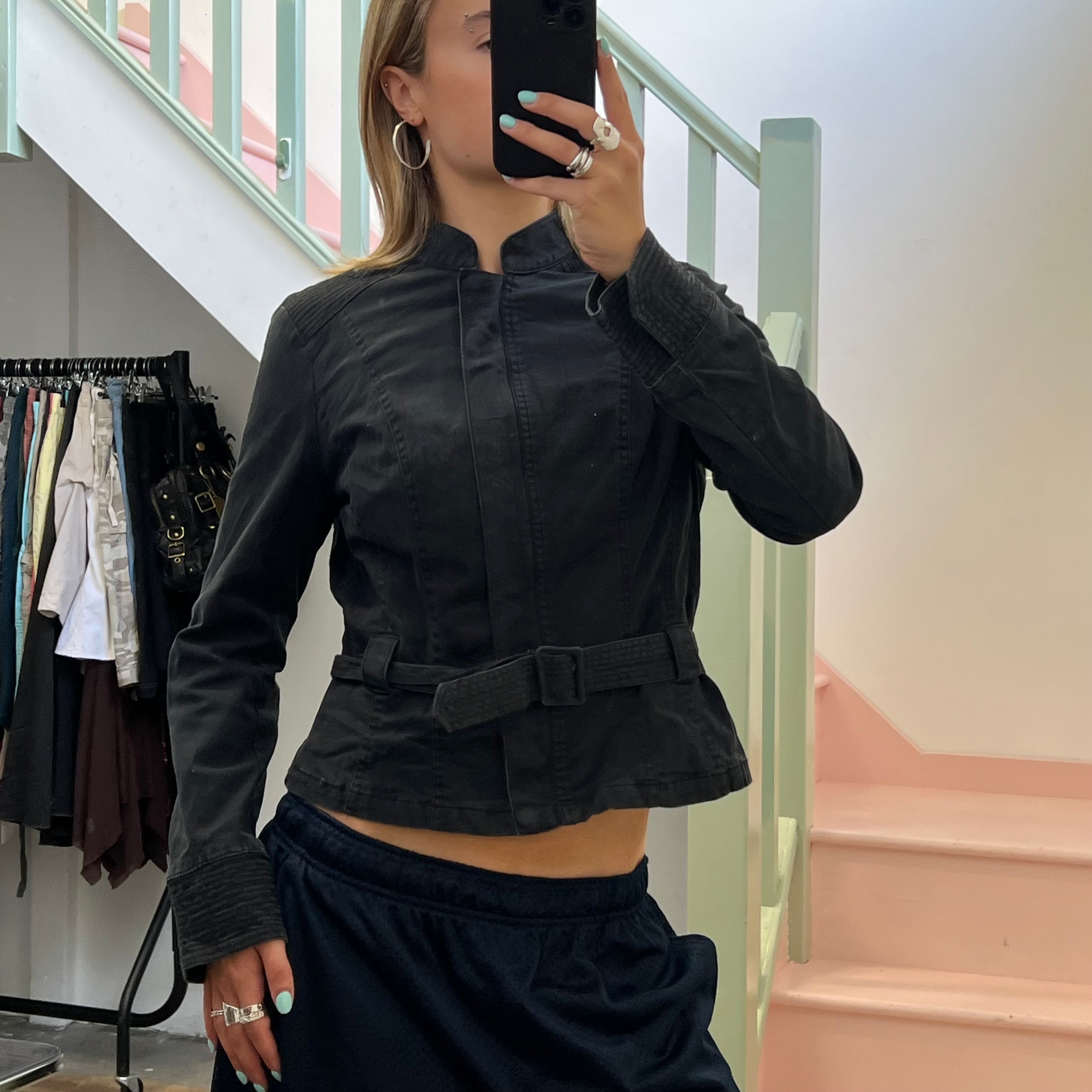 Black fitted belted cotton jacket