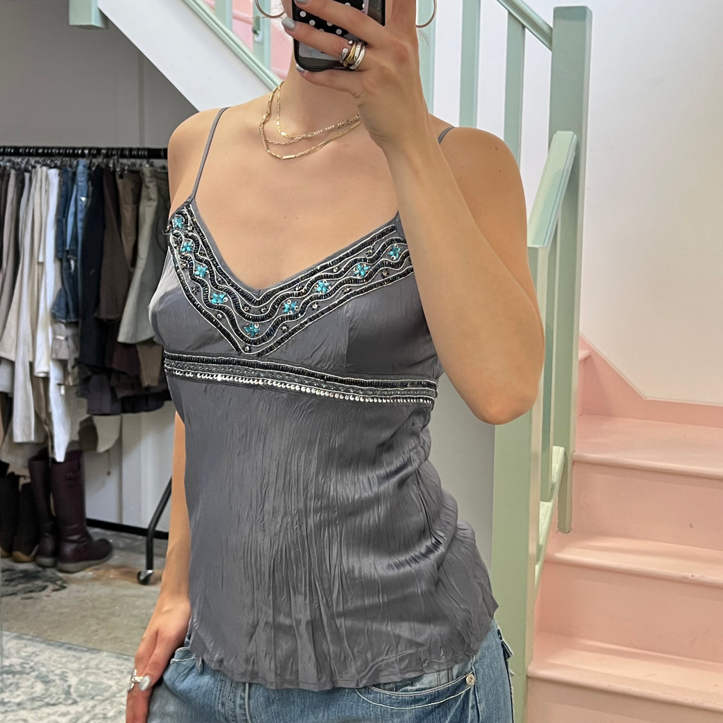 Grey silk crinkle beaded cami