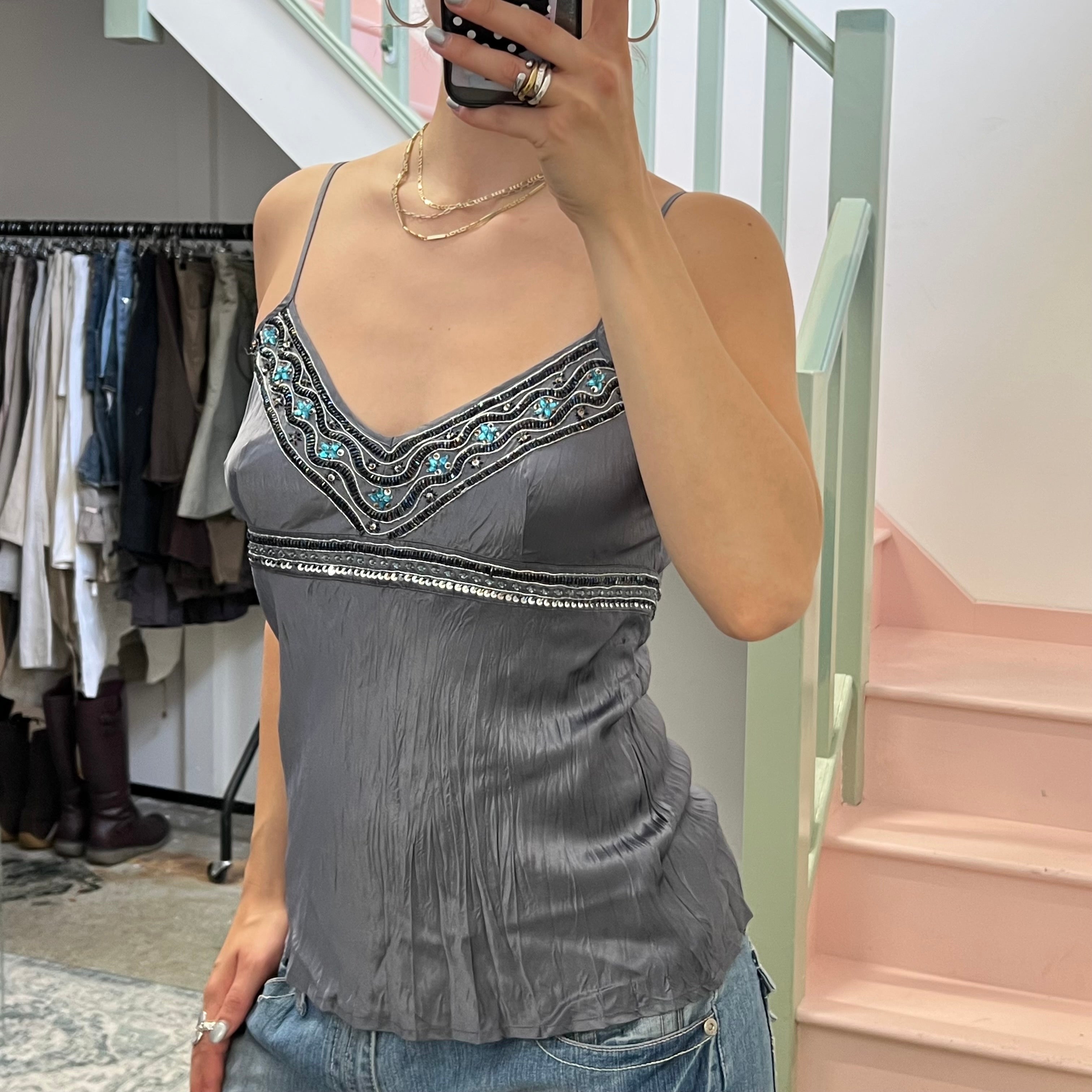 Grey silk crinkle beaded cami