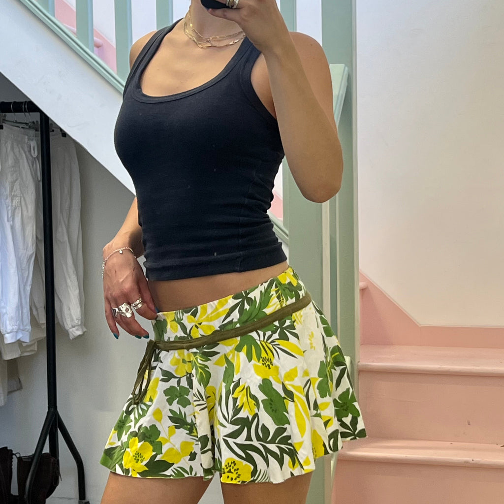 Yellow and green floral low rise mini skirt