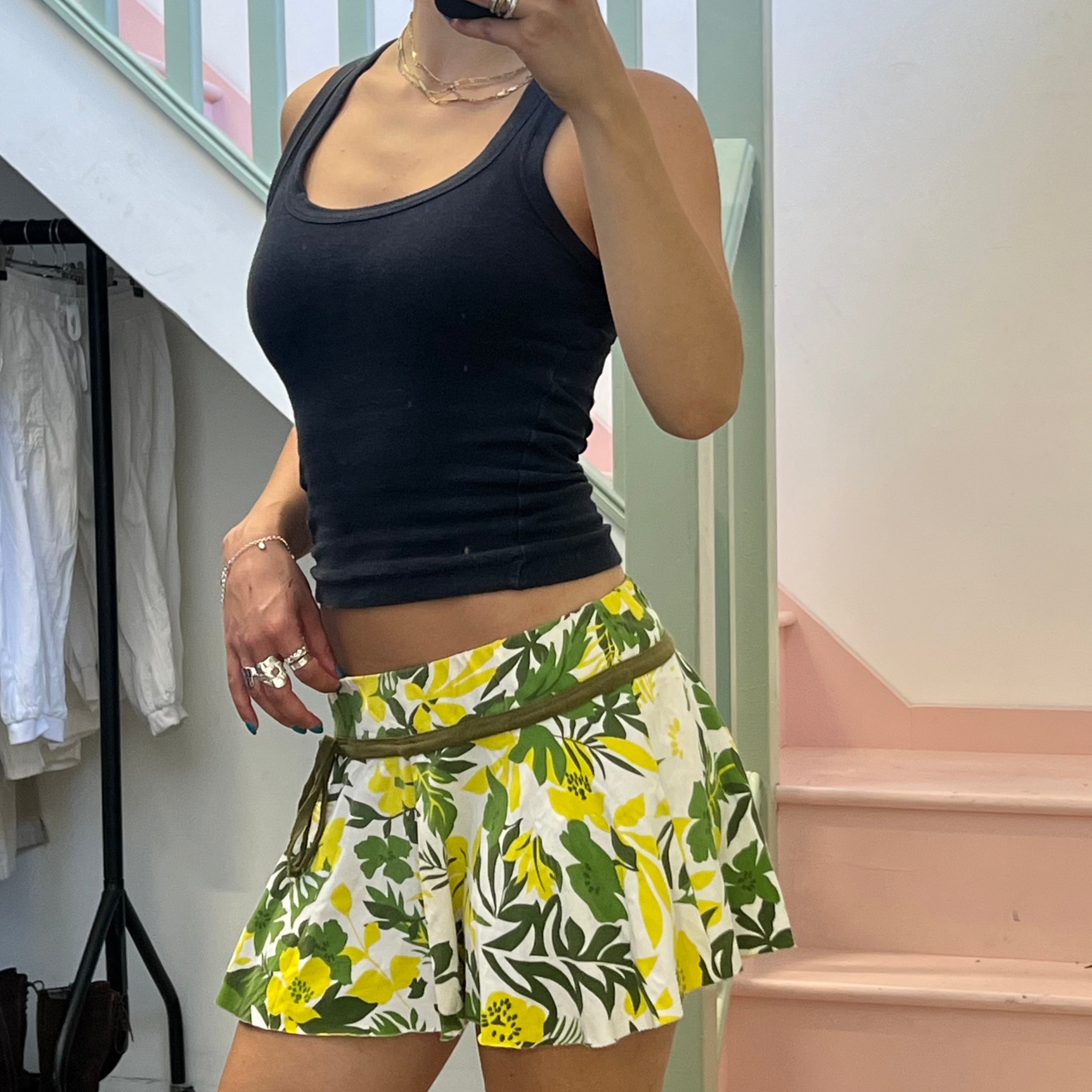 Yellow and green floral low rise mini skirt