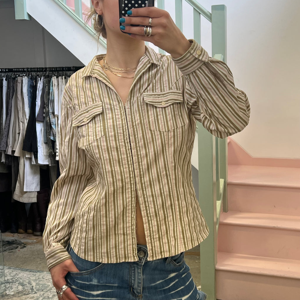 Pink and khaki stripe shirt with hook and eye clasps