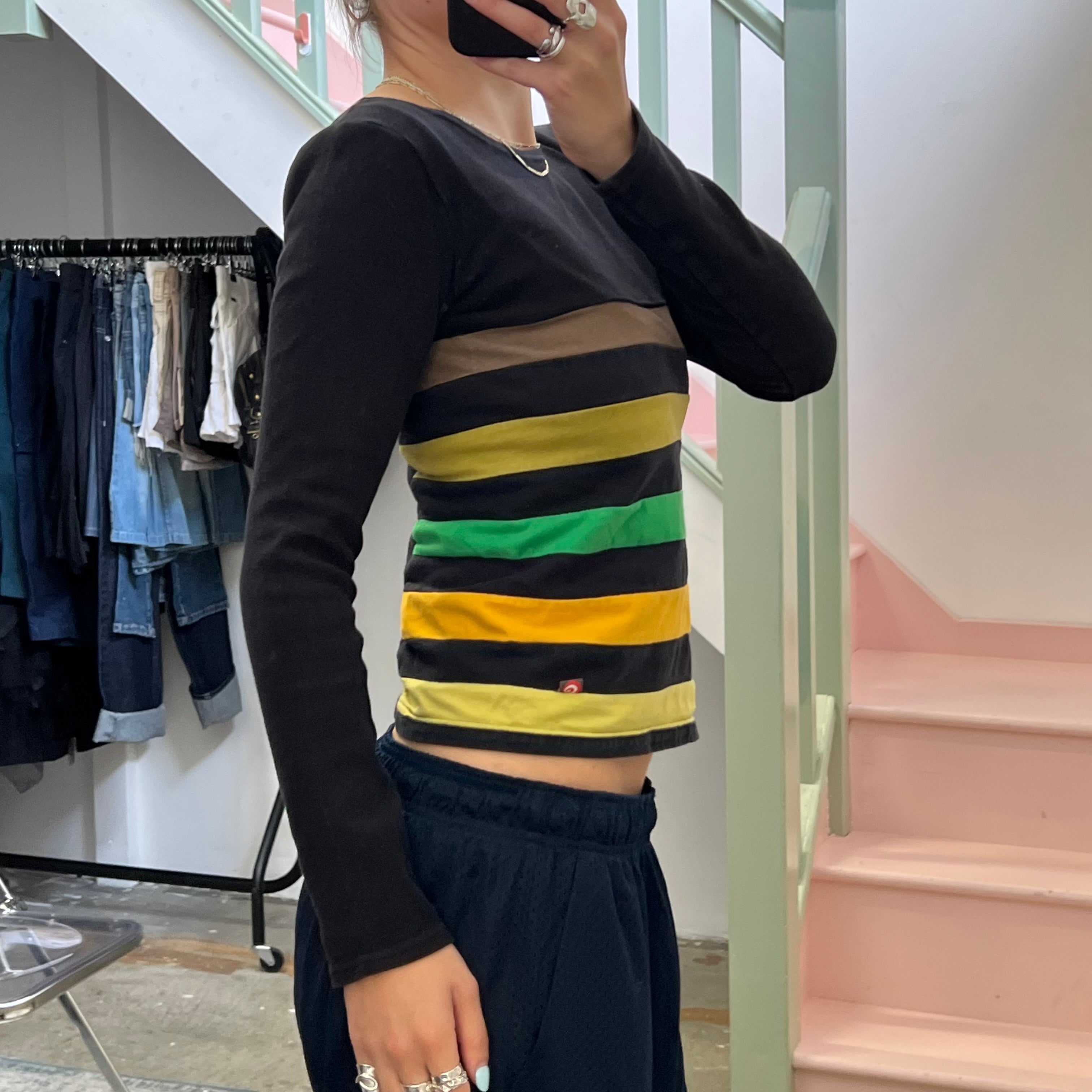 Black and green striped long sleeve top