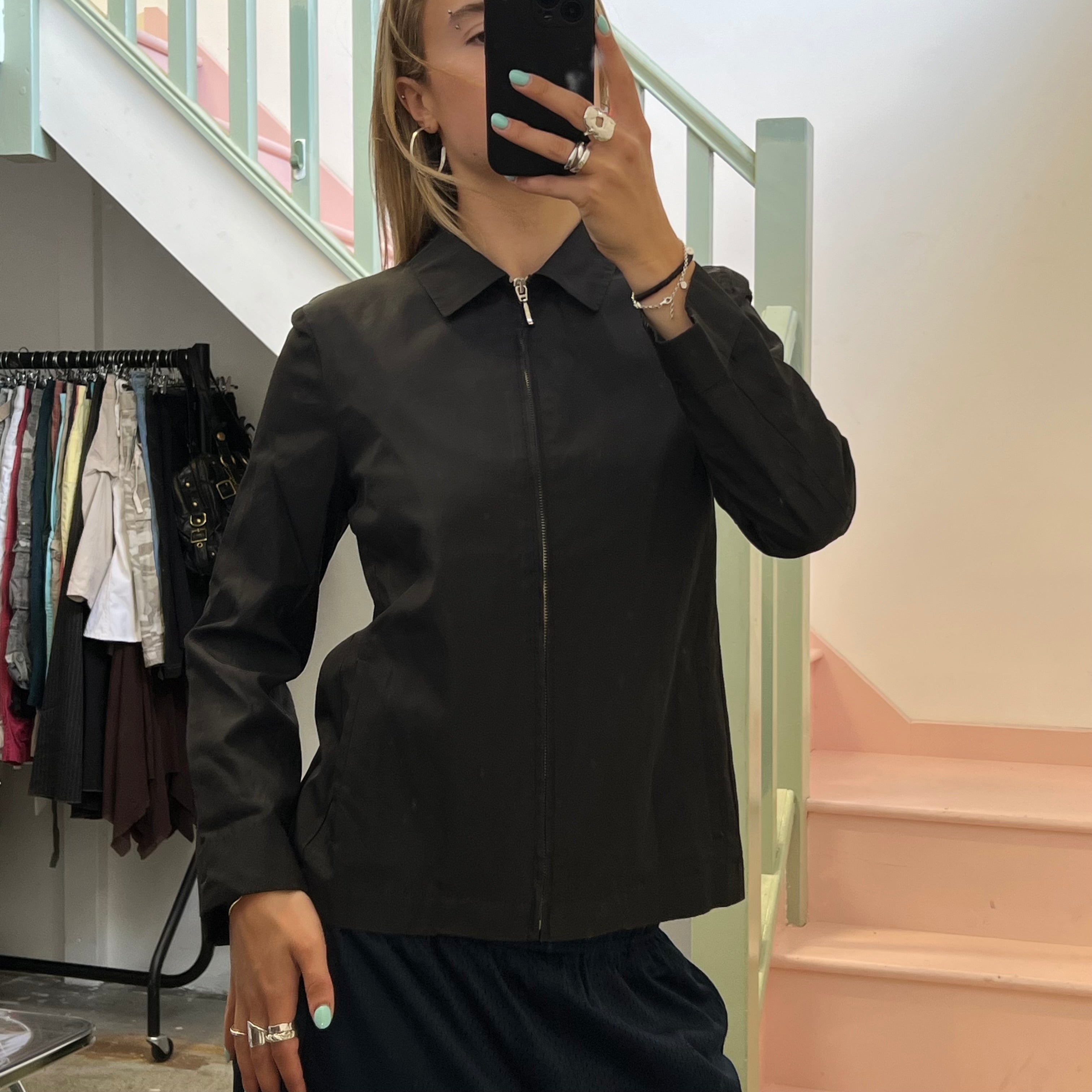 Black lightweight zip up fitted jacket