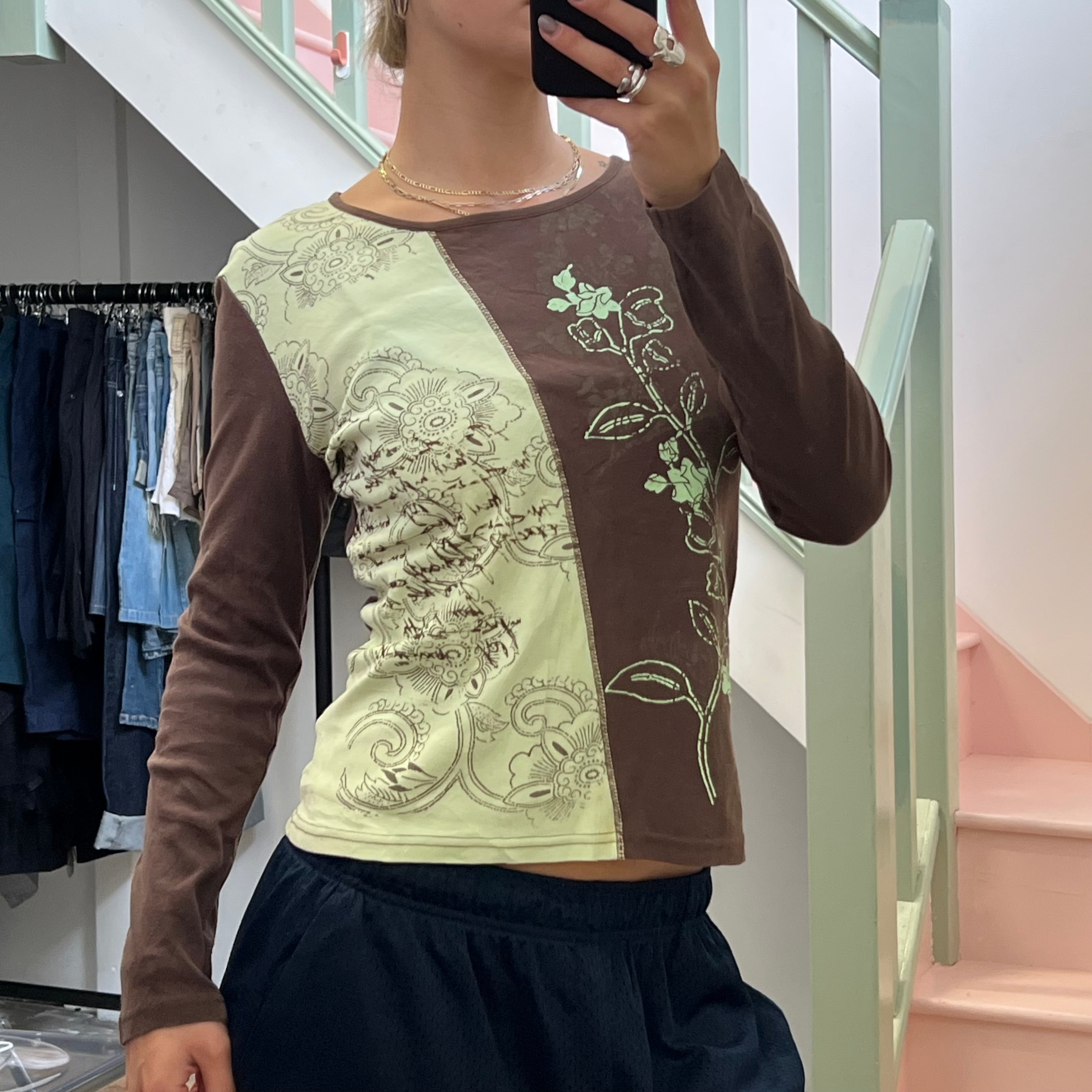 Brown and Green graphic print long sleeve top