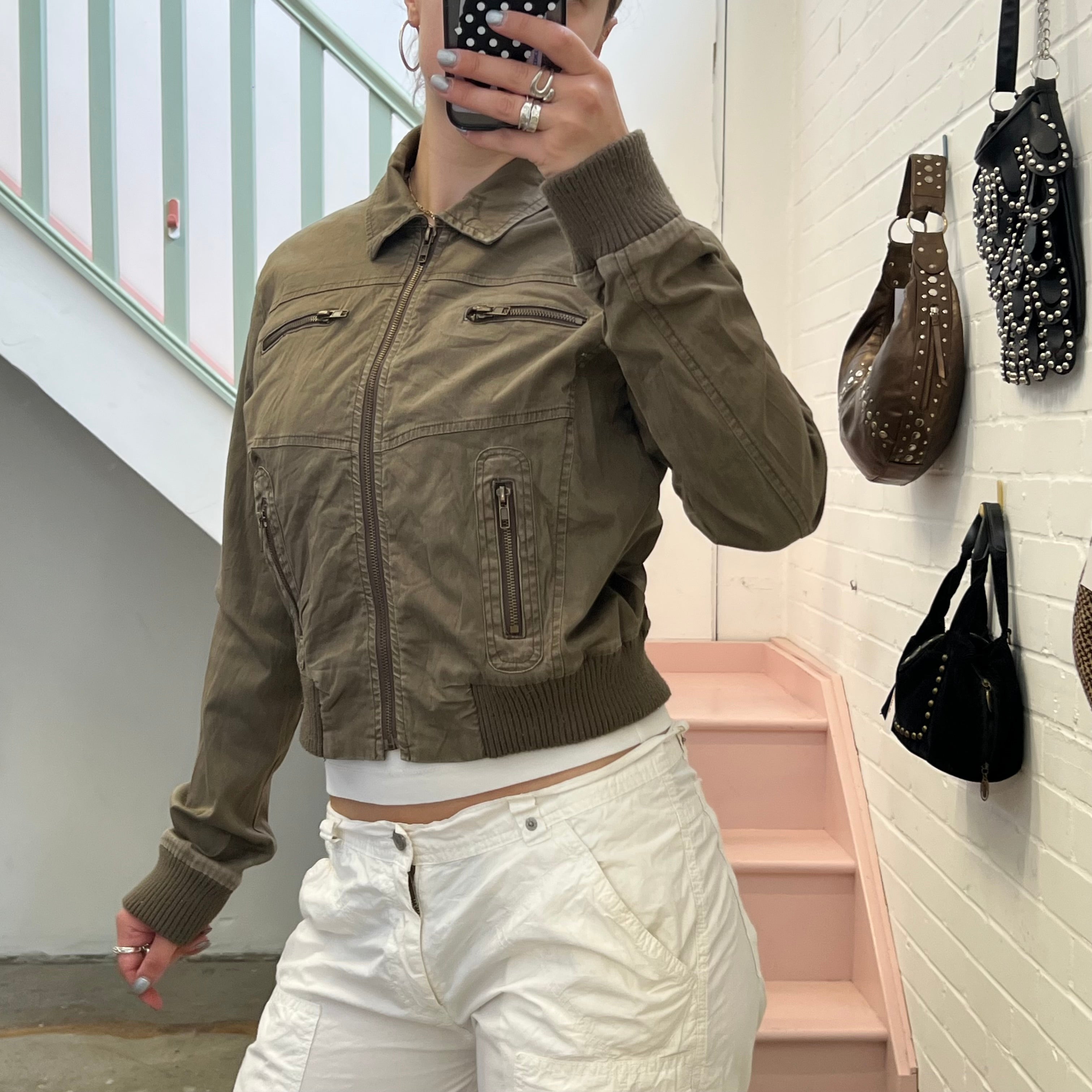Khaki zip up fitted bomber jacket