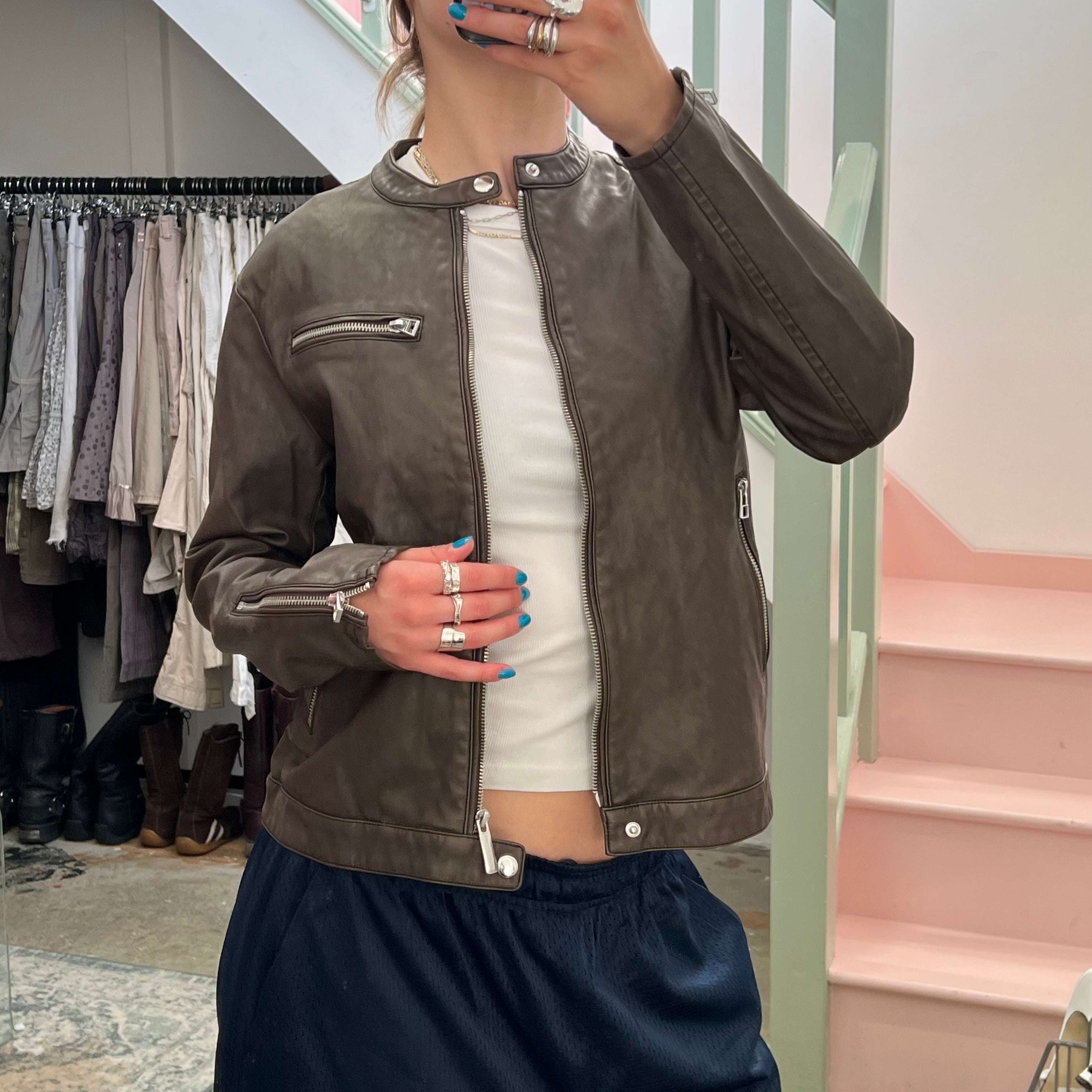 Dark brown leather biker jacket