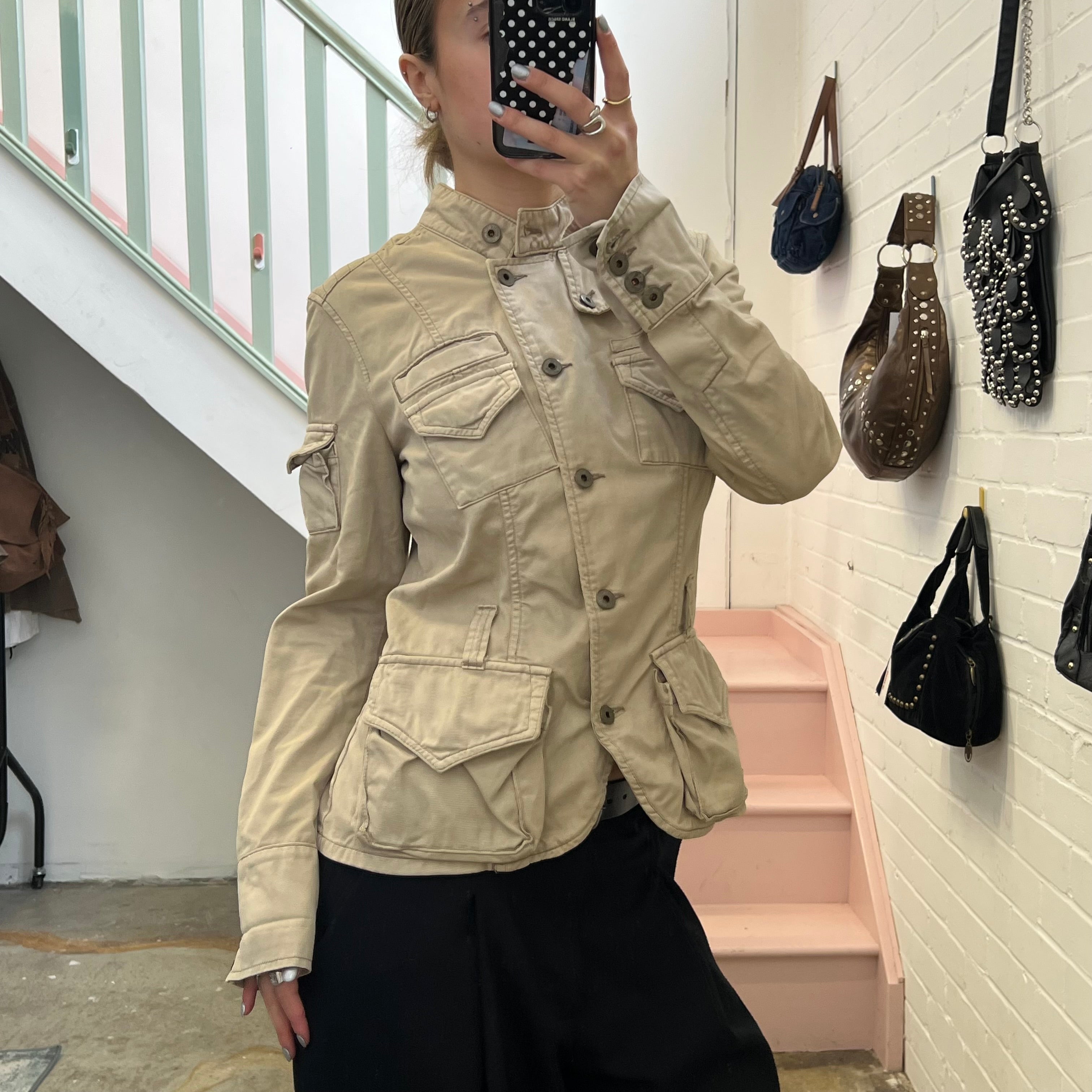 Cream button up utility style fitted jacket