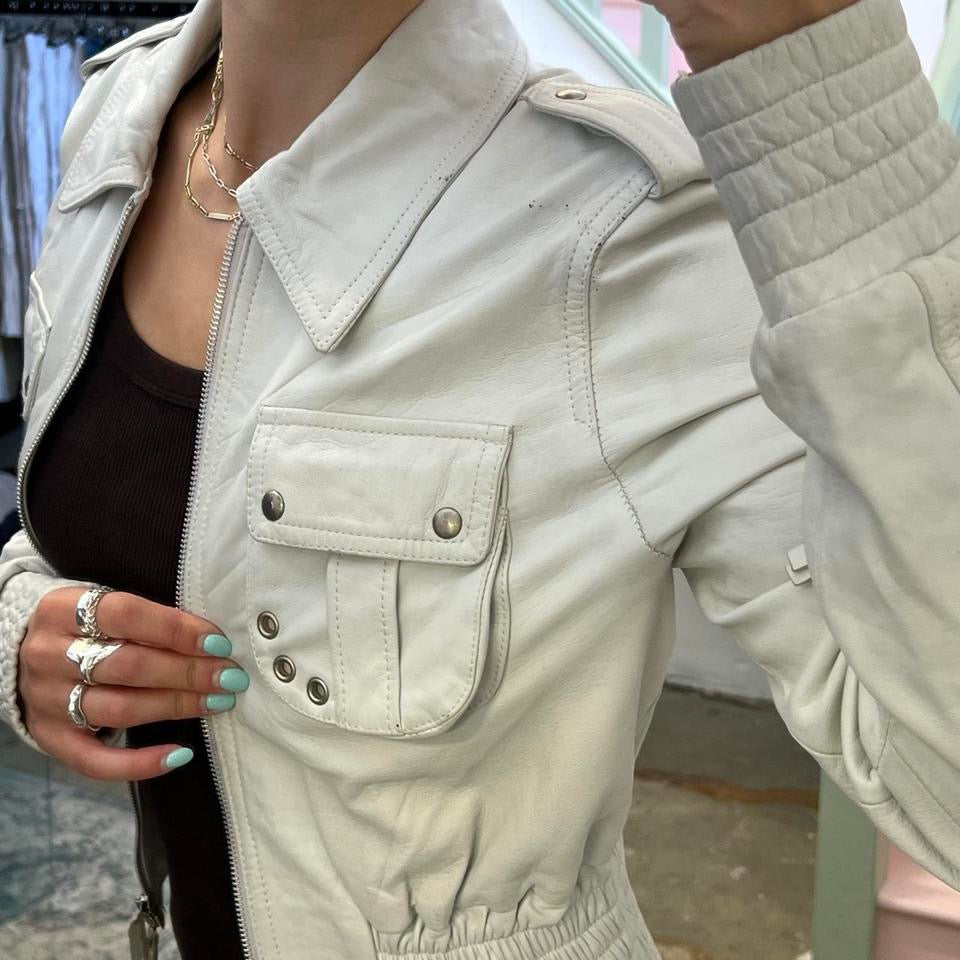 White leather bomber jacket with fitted waist