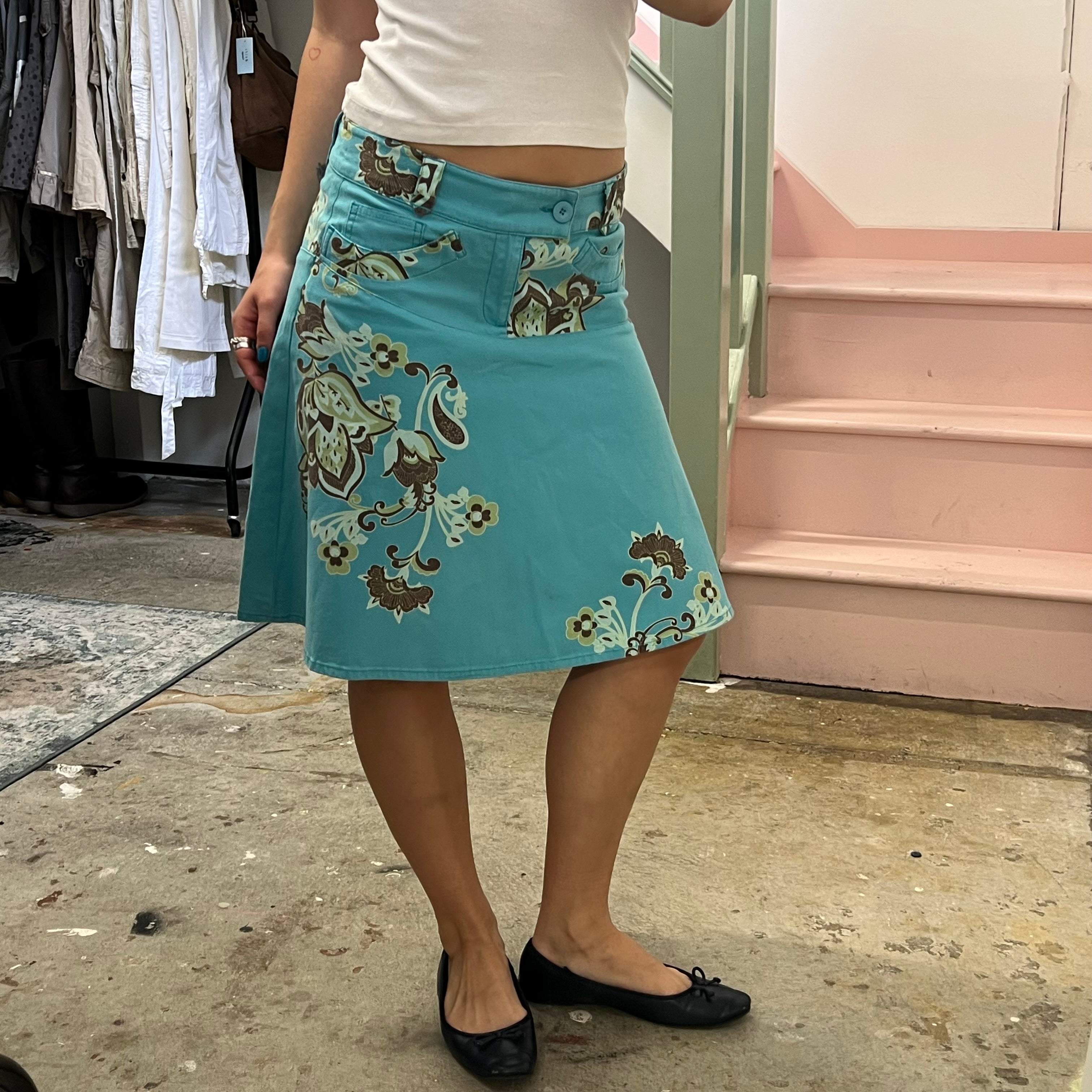 Blue and green denim paisley print midi skirt