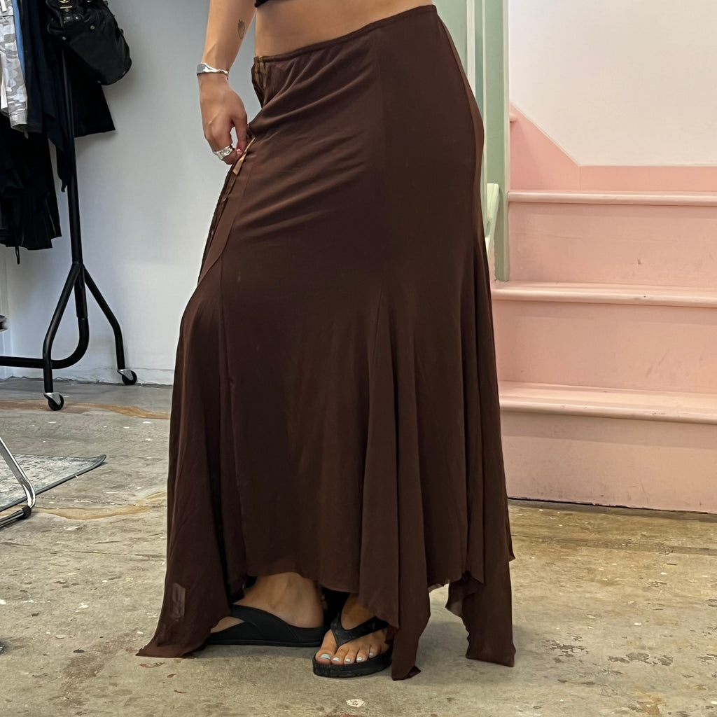 Brown slinky asymmetrical maxi skirt