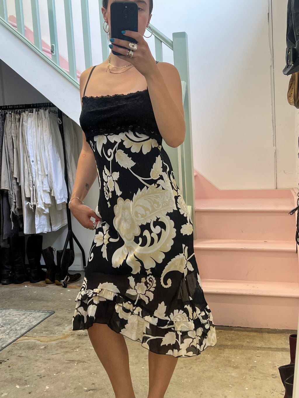 Black and cream paisley print lace trim slip dress