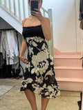 Black and cream paisley print lace trim slip dress
