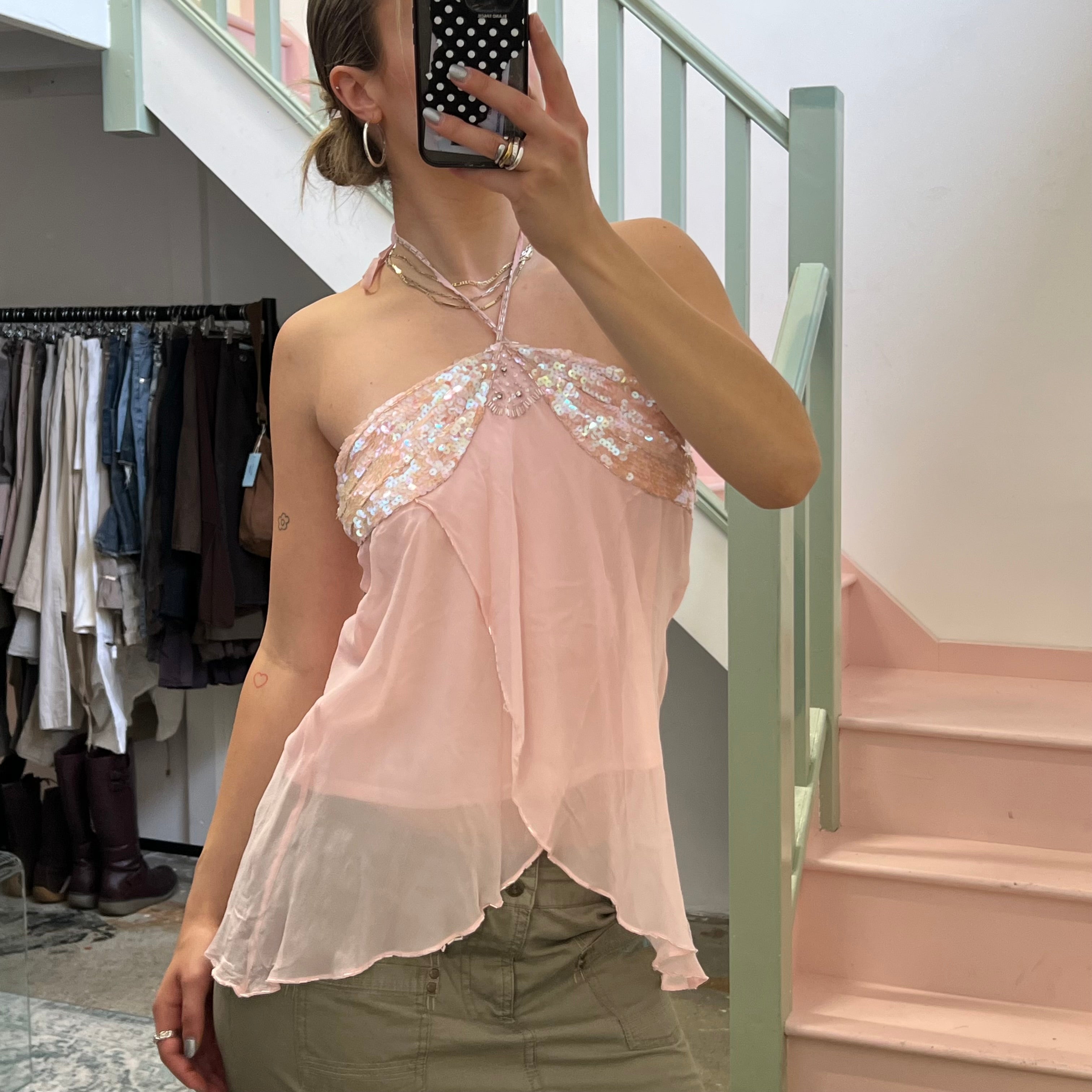 Baby pink sequin floaty halter vest