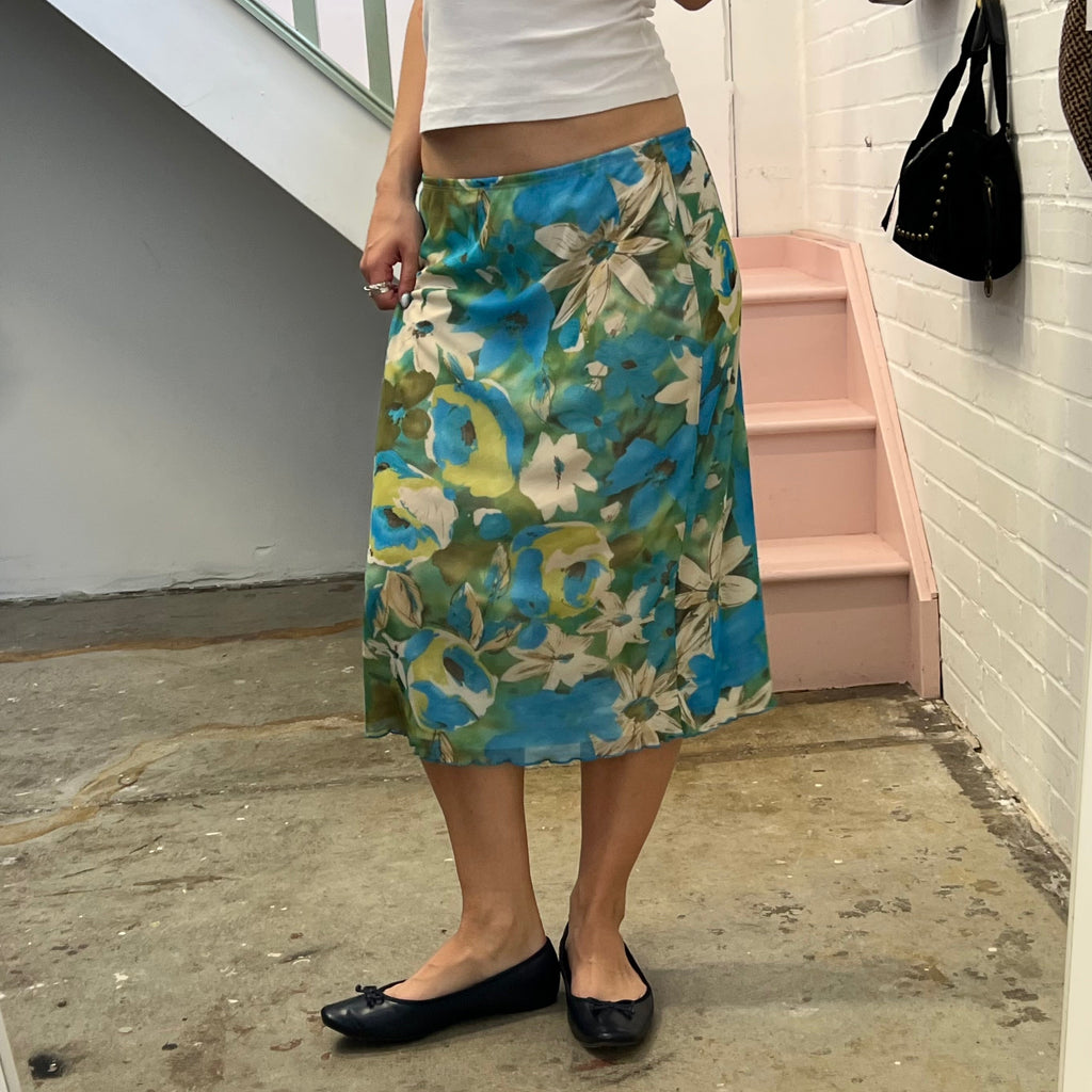 Blue and green floral mesh midi skirt