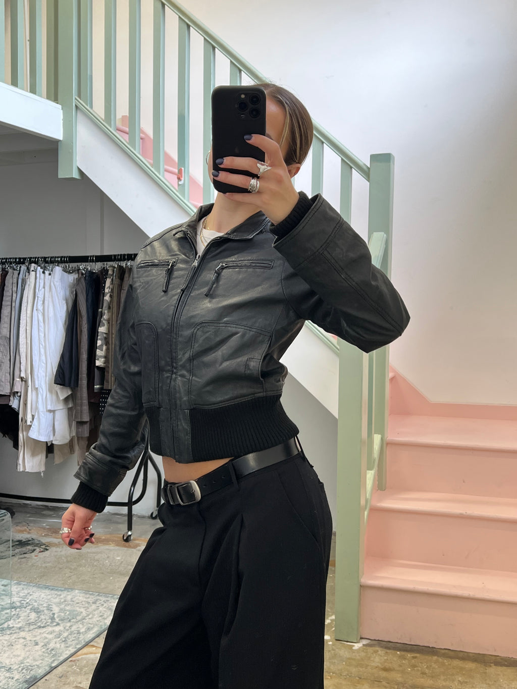 Black leather bomber jacket