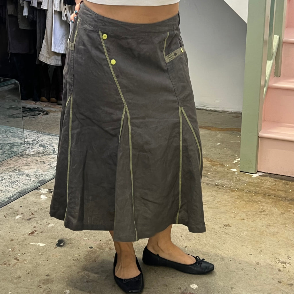 Grey linen utility maxi skirt with green contrast stitching