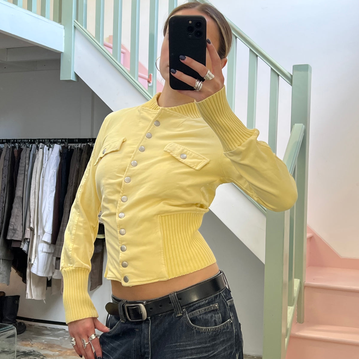 Yellow fitted button up bomber jacket