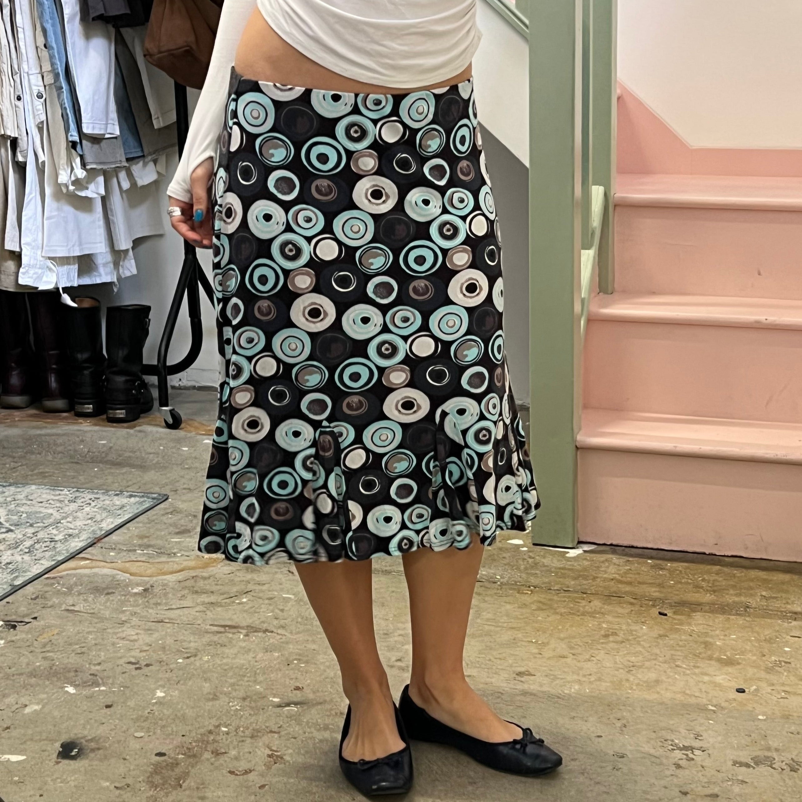 Blue spiral polka dot midi skirt