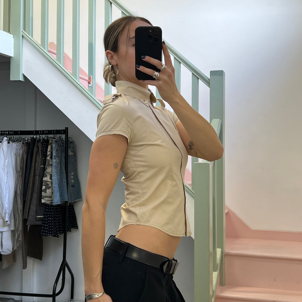 Cream zip up fitted shirt