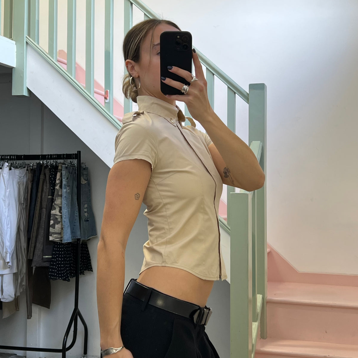 Cream zip up fitted shirt