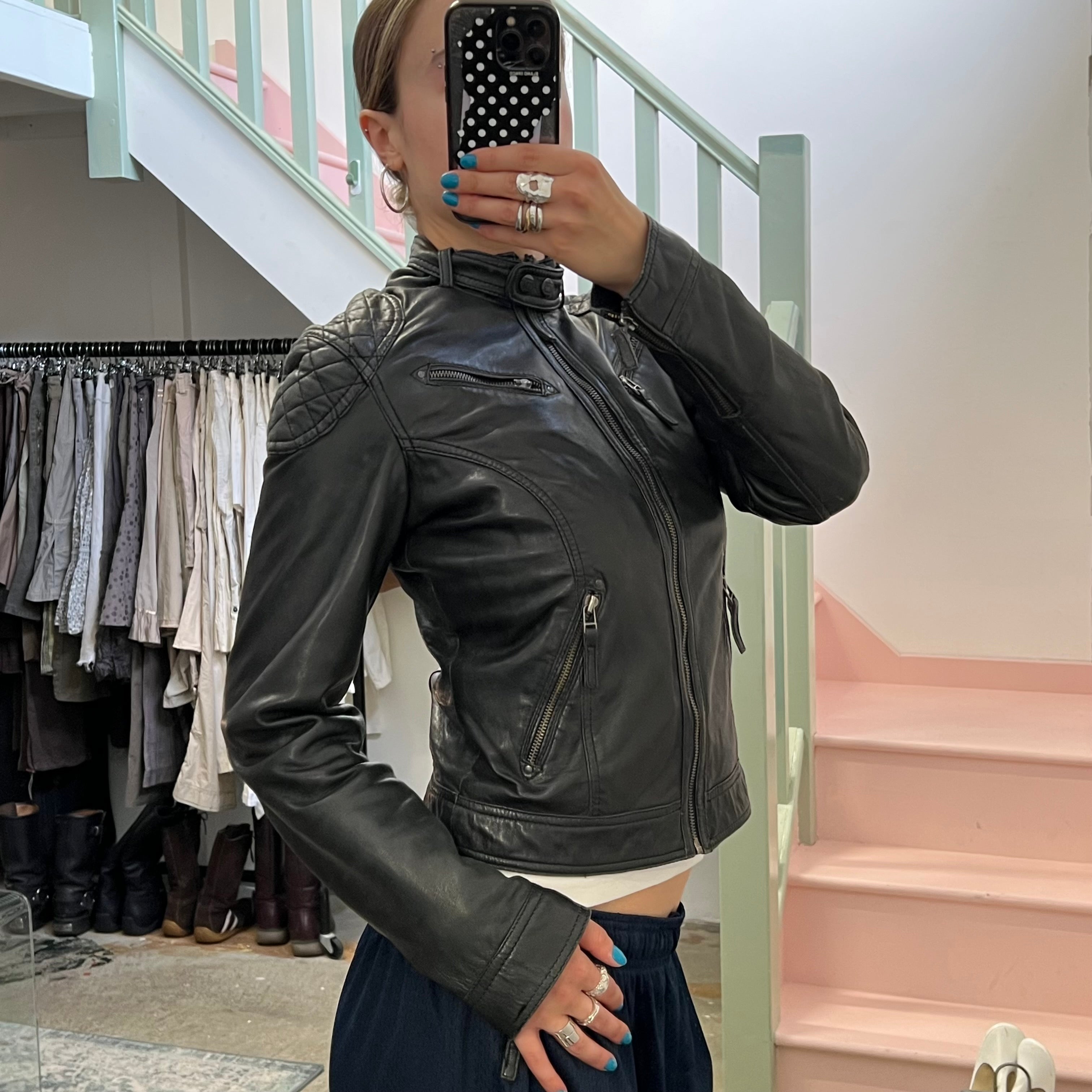 Black leather fitted biker jacket