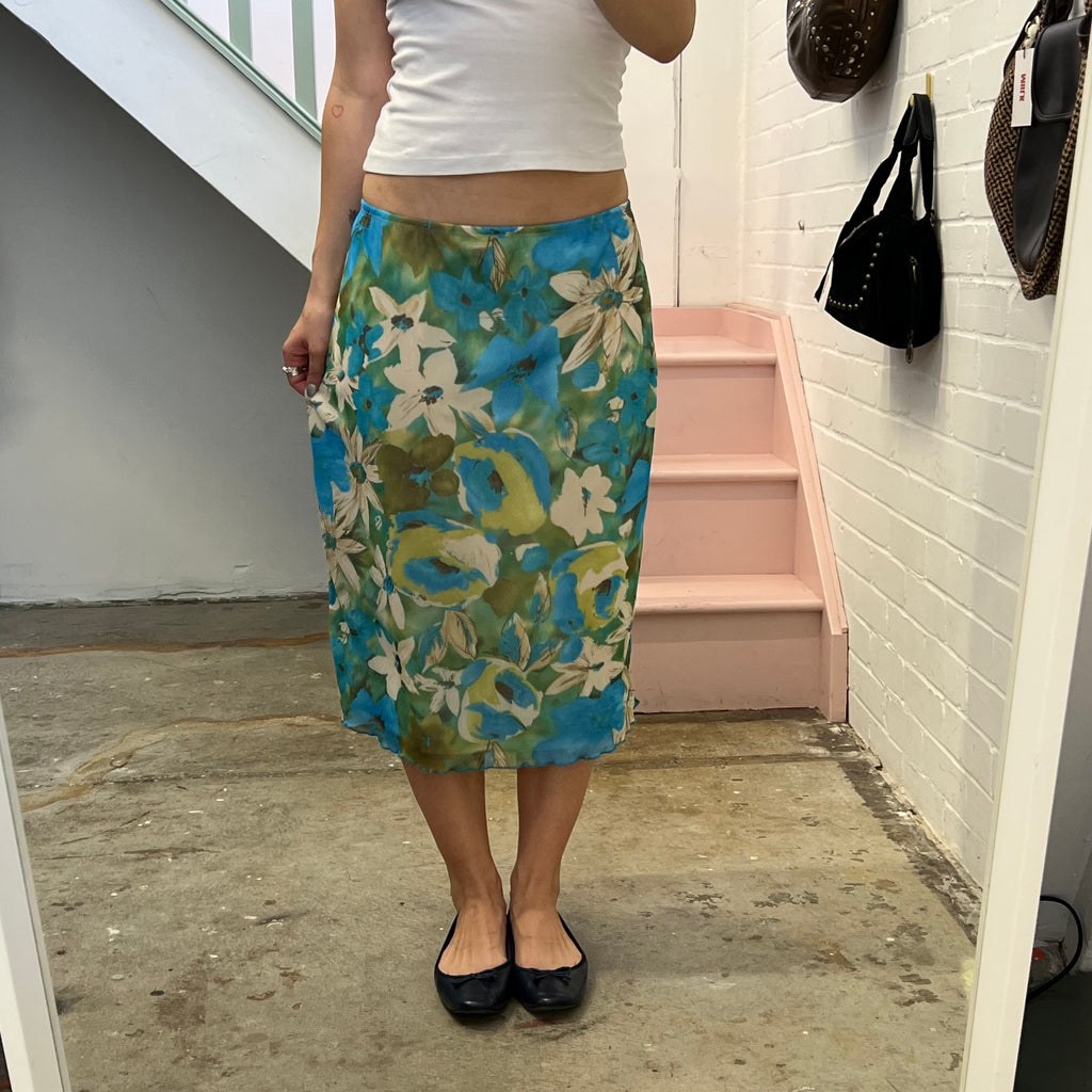 Blue and green floral mesh midi skirt