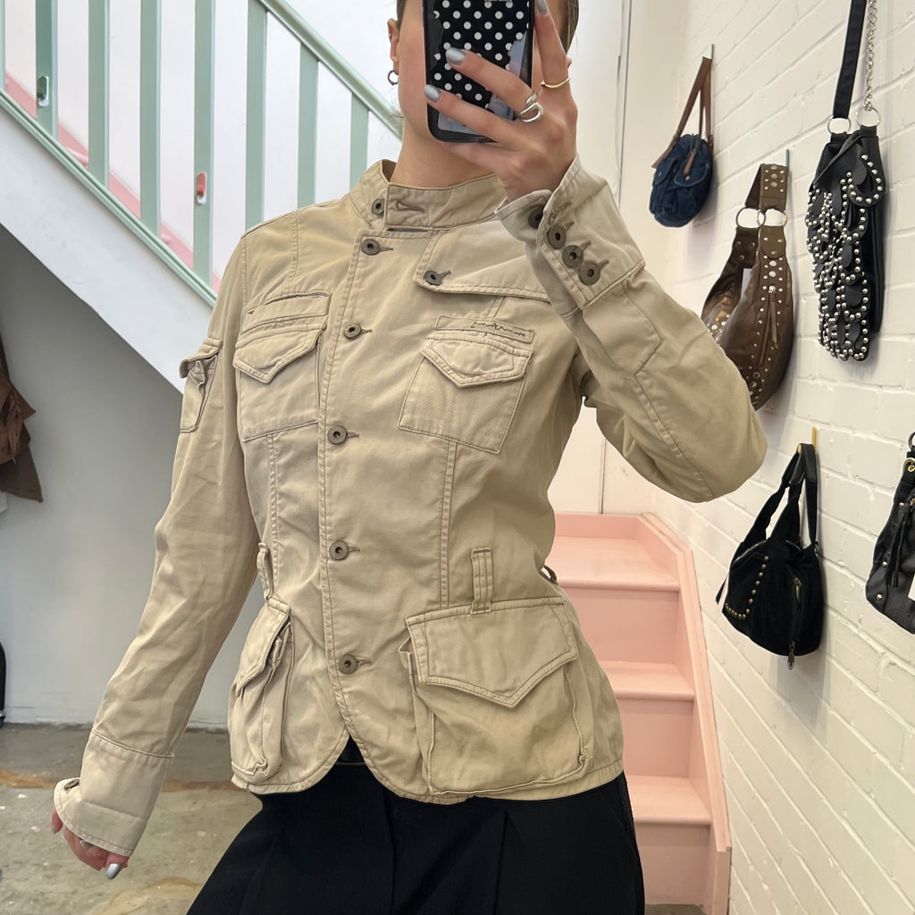 Cream button up utility style fitted jacket