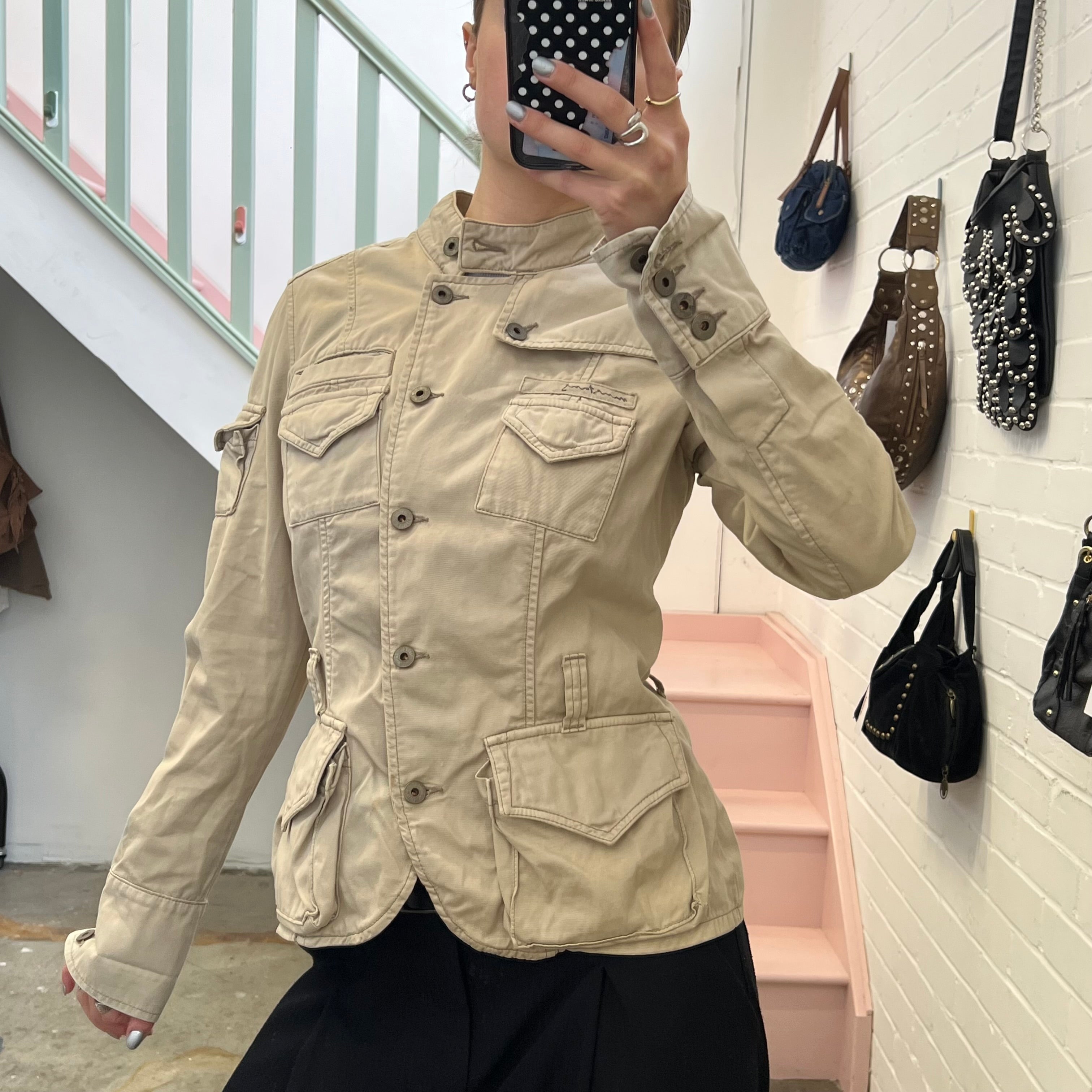Cream button up utility style fitted jacket