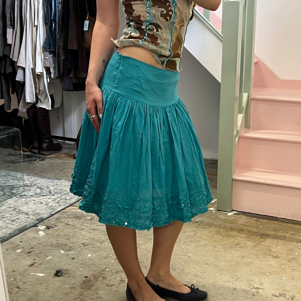 Teal turquoise pleated drop waist midi skirt