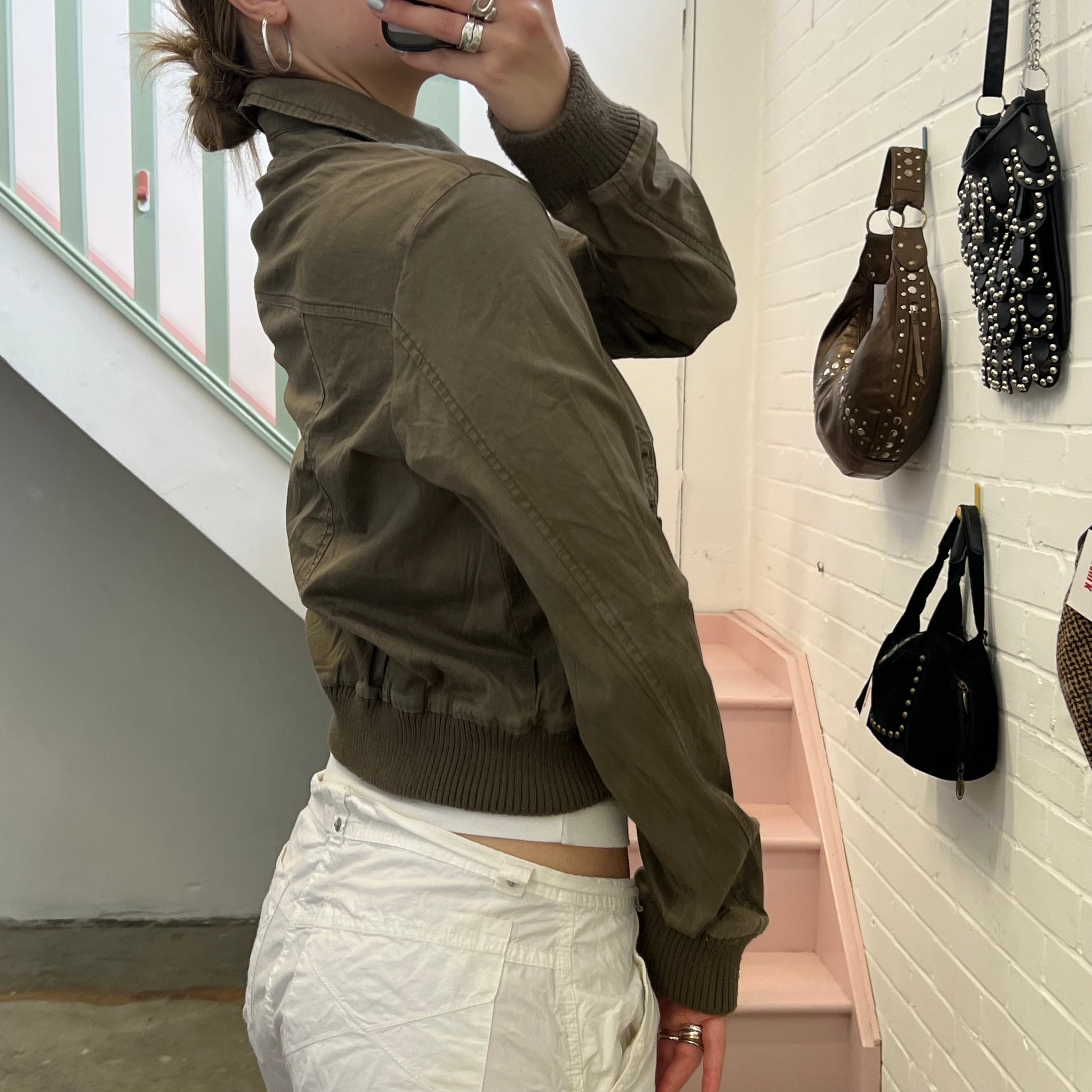 Khaki zip up fitted bomber jacket