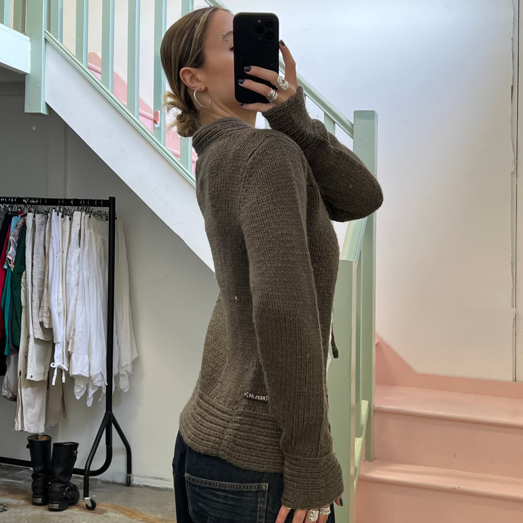 Brown tie up chunky knit cardigan