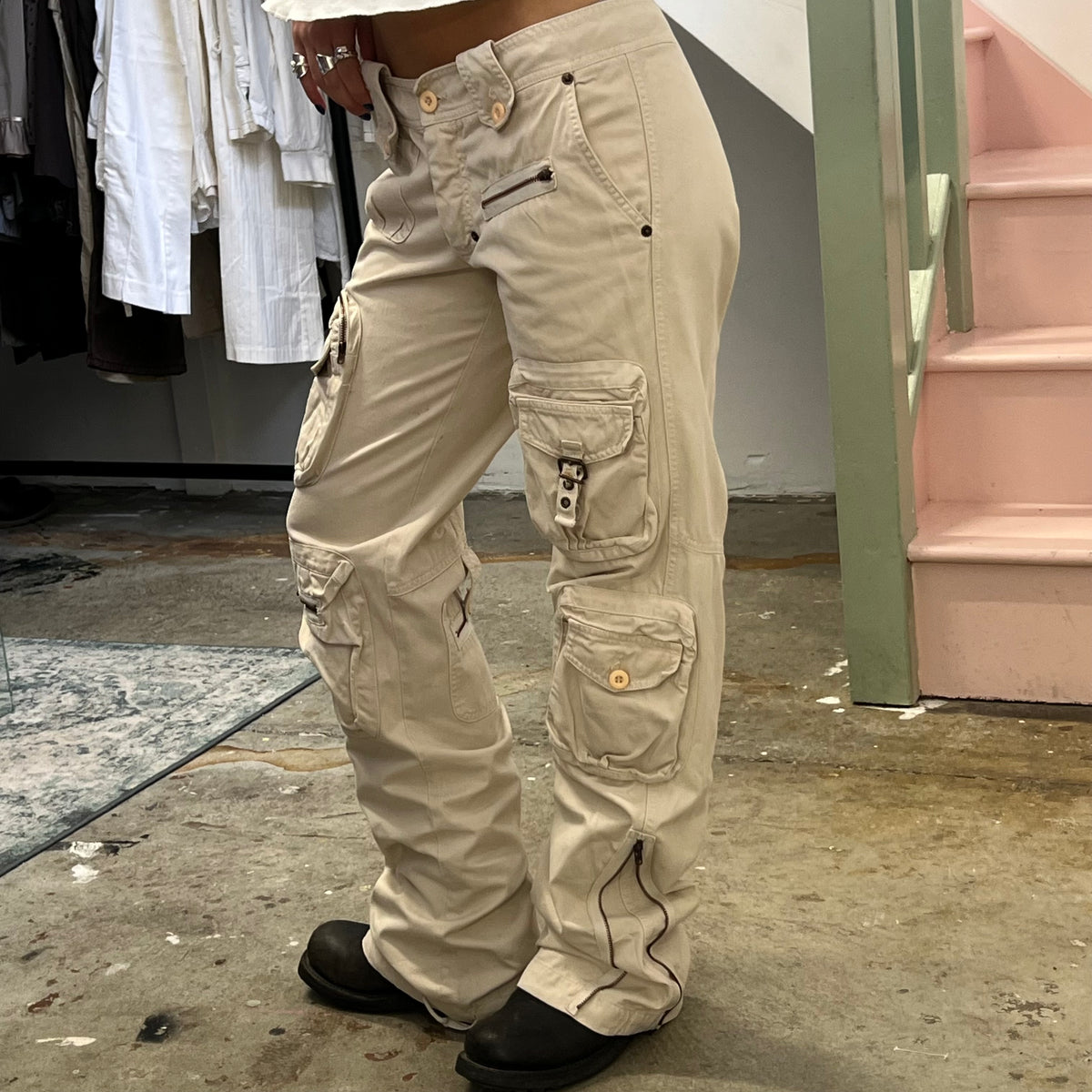 Cream wide leg cargos