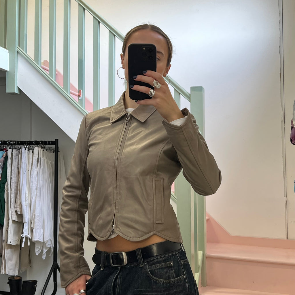 Brown scallop hem leather zip up jacket