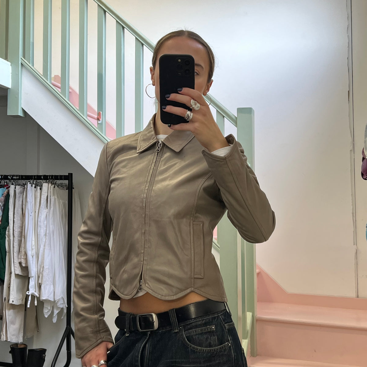 Brown scallop hem leather zip up jacket