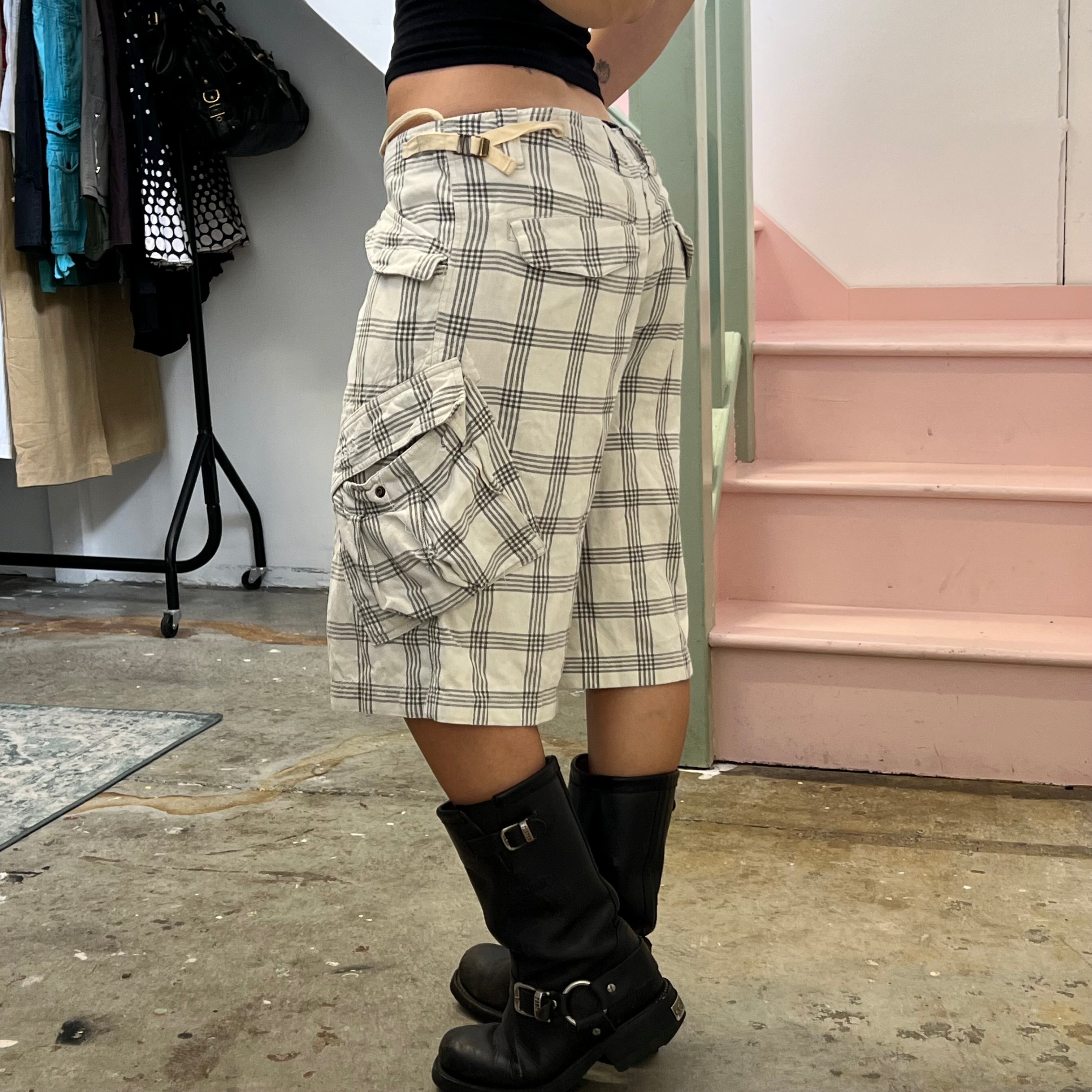 White and grey checkered baggy cargo shorts