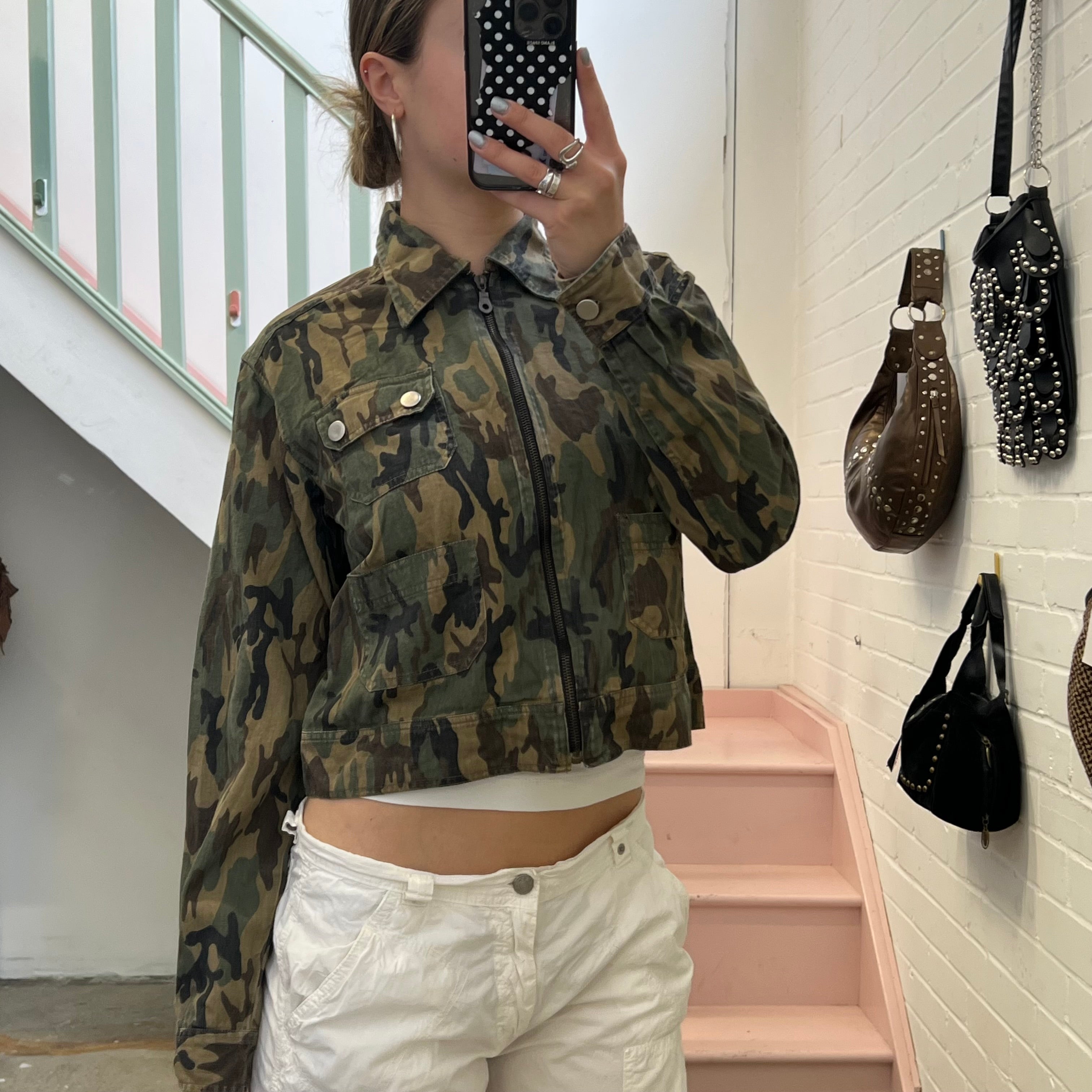 Khaki camo print zip up vintage lightweight jacket